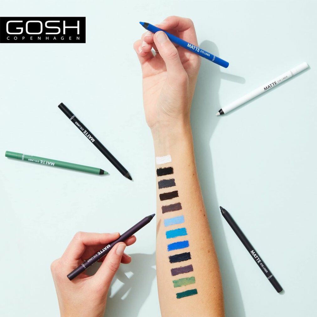 Arm mit Farbmustern und Eyelinern. Gosh-Logo. Eyeliner in verschiedenen Farben, darunter Blau.