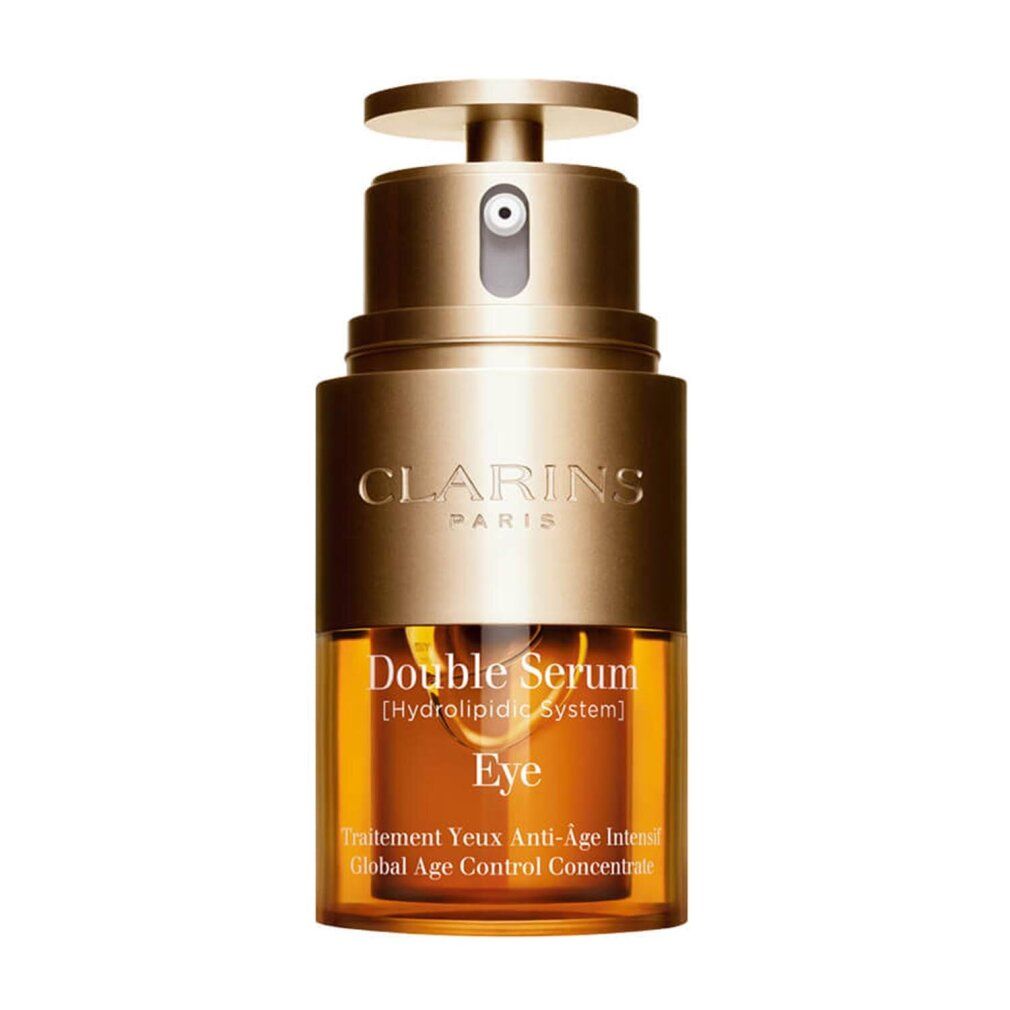 Doppeltes Serum für die Augen. Goldfarbener Behälter mit transparentem Deckel. Aufschrift: CLARINS PARIS, Double Serum Eye.