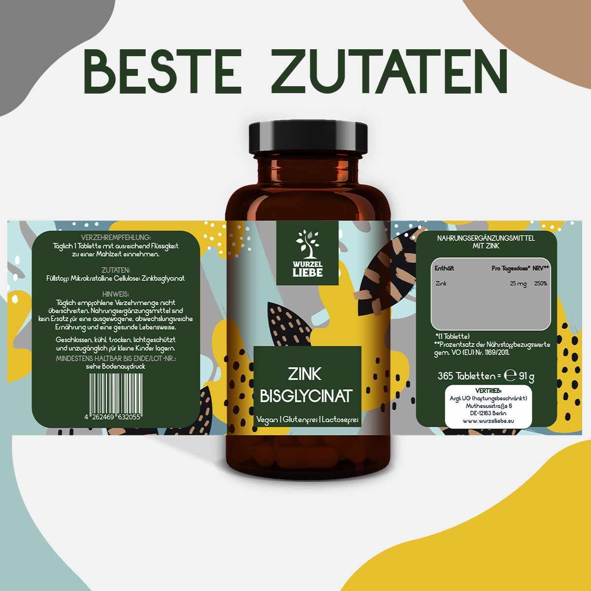 Braune Flasche Zink Bisglycinat. Aufschrift: Beste Zutaten. Inhaltsstoffe, Dosierung, Nährwertangaben. Logo: WURZELLIEBE.