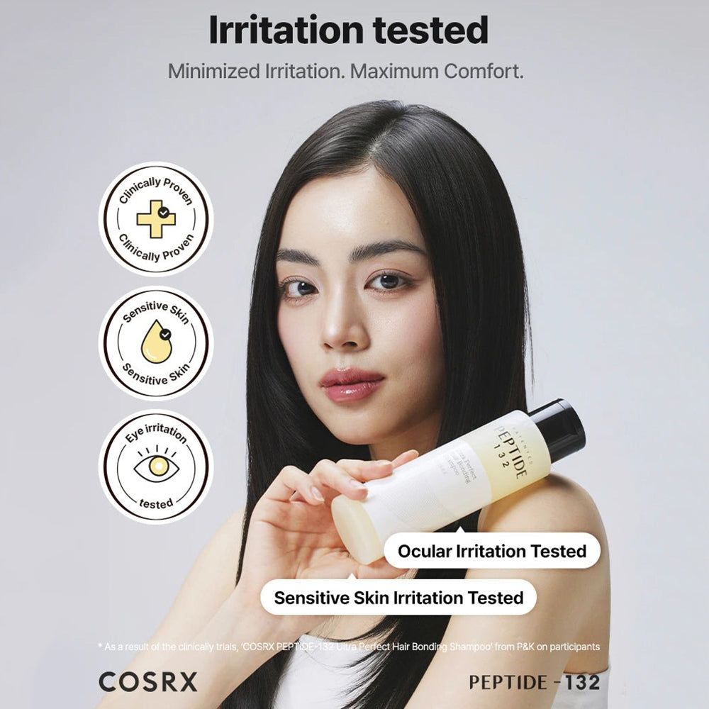 Frau mit Shampoo-Flasche. Text: Ocular Irritation Tested, Sensitive Skin Irritation Tested. Peptide 132.