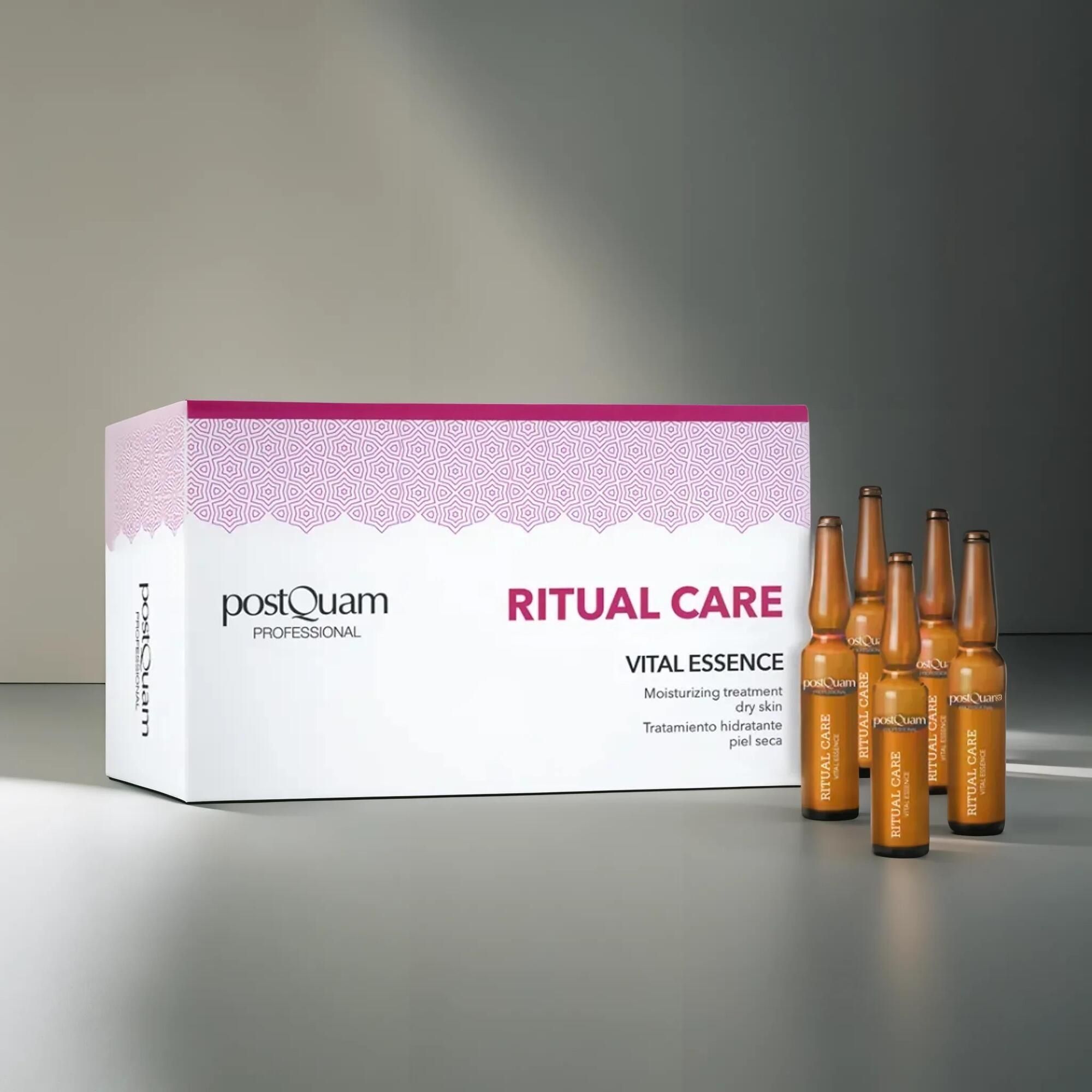 PostQuam Vital Essence. Karton mit Ampullen. Aufschrift: Ritual Care, Vital Essence, Moisturizing treatment dry skin.