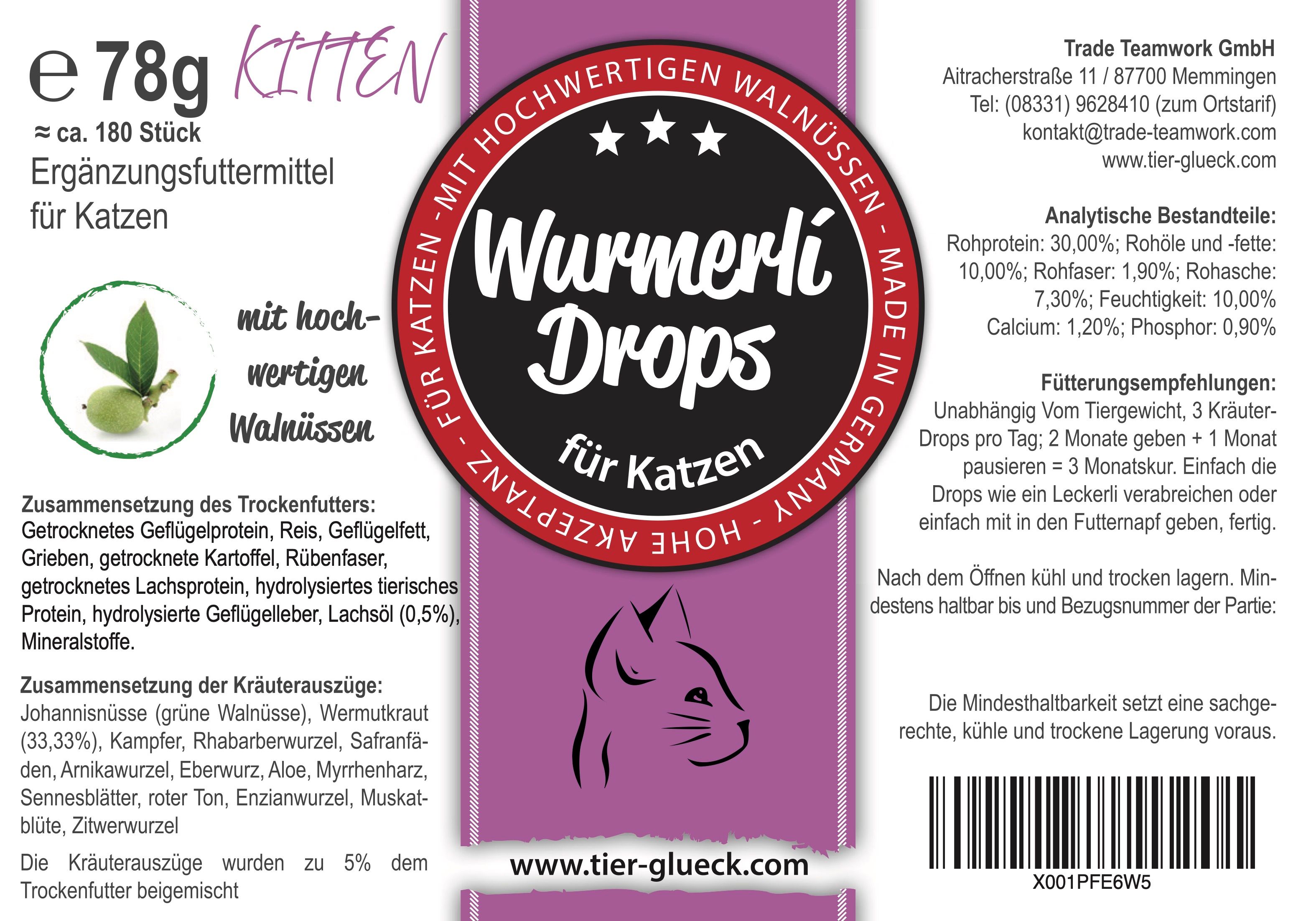 Produktetikett mit Informationen zu Katzen-Leckerlis. Enthält Text, Zutatenliste und Logo.