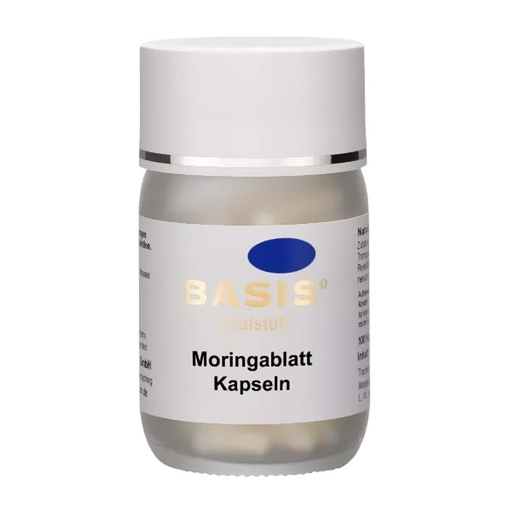 Weißes, zylindrisches Behältnis mit Schraubverschluss. Aufschrift: BASIS, Moringablatt Kapseln. Blaue ovale Markierung.