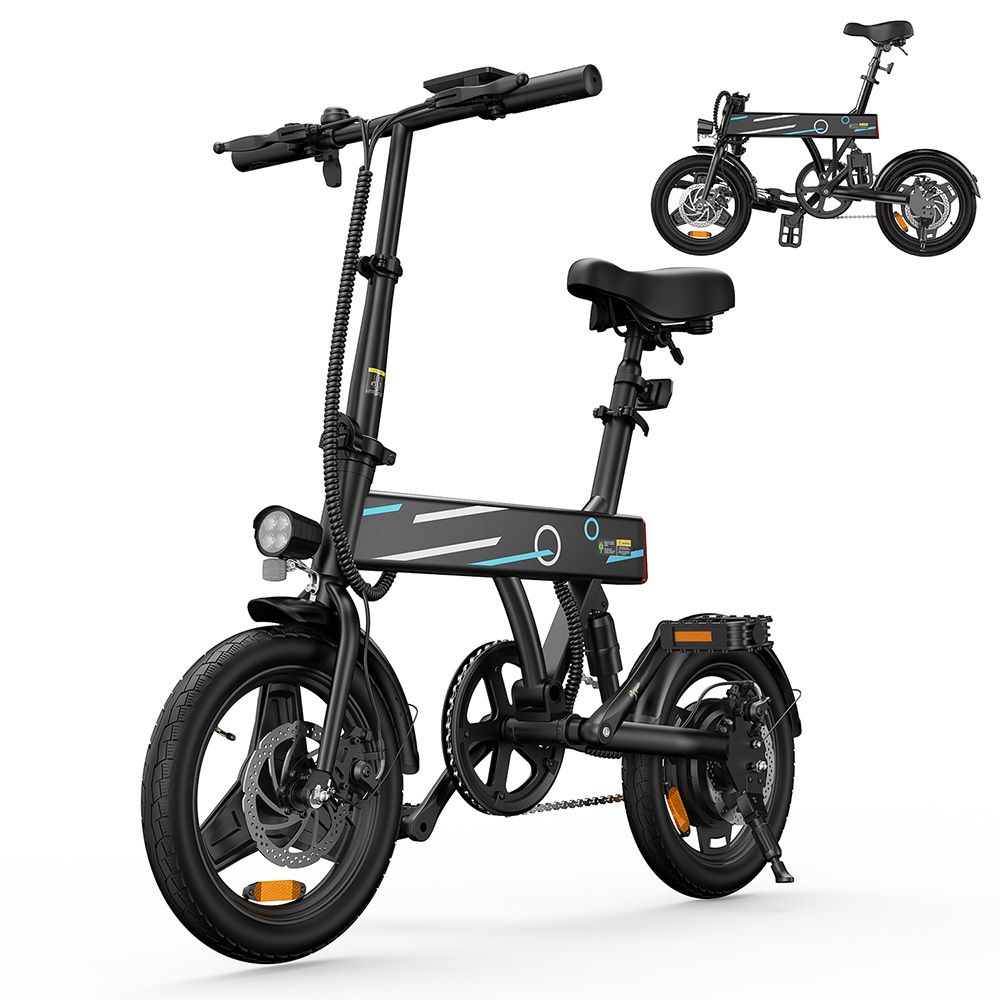 Schwarzes E-Bike mit Frontlicht, Scheibenbremsen und Pedalen. Kompaktes Design.