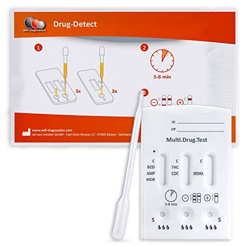 Multi.Drug.Test, Teststreifen mit Pipette und Verpackung. Enthält Anweisungen und Diagramme.