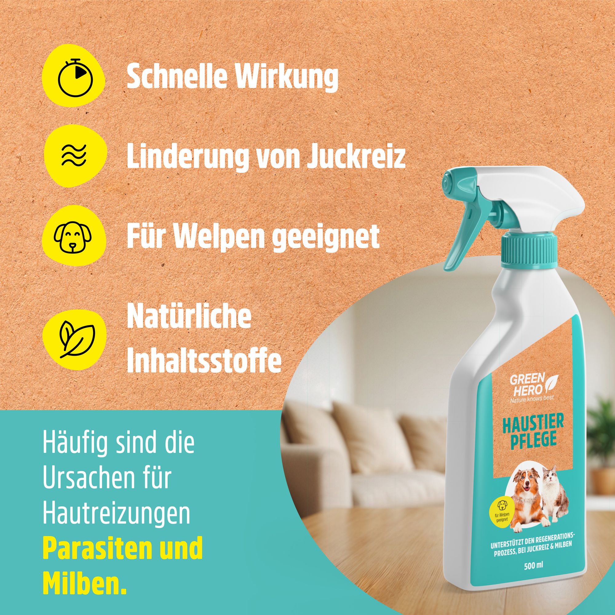 Produktflasche "Green Hero Haustier Pflege" mit Text und Icons. Text: Schnelle Wirkung, Linderung von Juckreiz, für Welpen geeignet, natürliche Inhaltsstoffe.