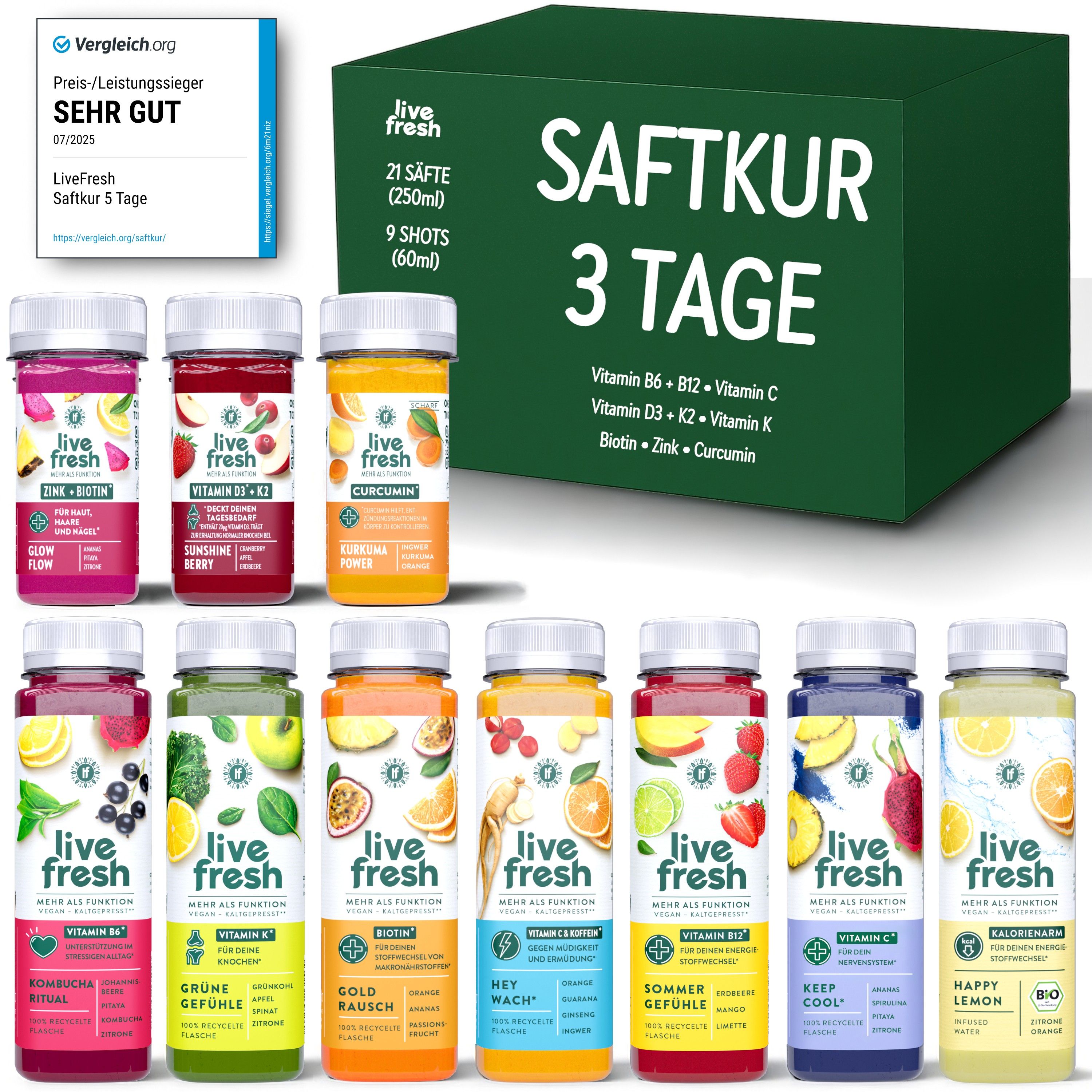 LiveFresh Saftkur 3 Tage. 21 Säfte und 9 Shots in Flaschen. Grün verpackt. Enthält Vitamin B6, B12, C, D3, K2, Biotin, Zink, Kurkuma. Sehr gut bewertet.