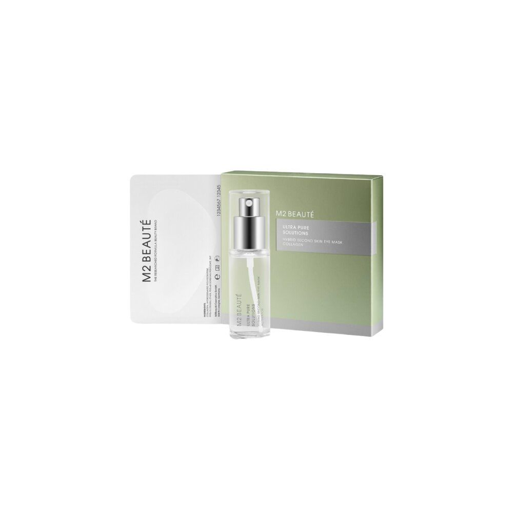 Produktverpackung mit Sprühflasche und Augenmaske. Aufschrift: M2 Beaute, Ultra Pure Solutions, Hybrid Second Skin Eye Mask Collagen.