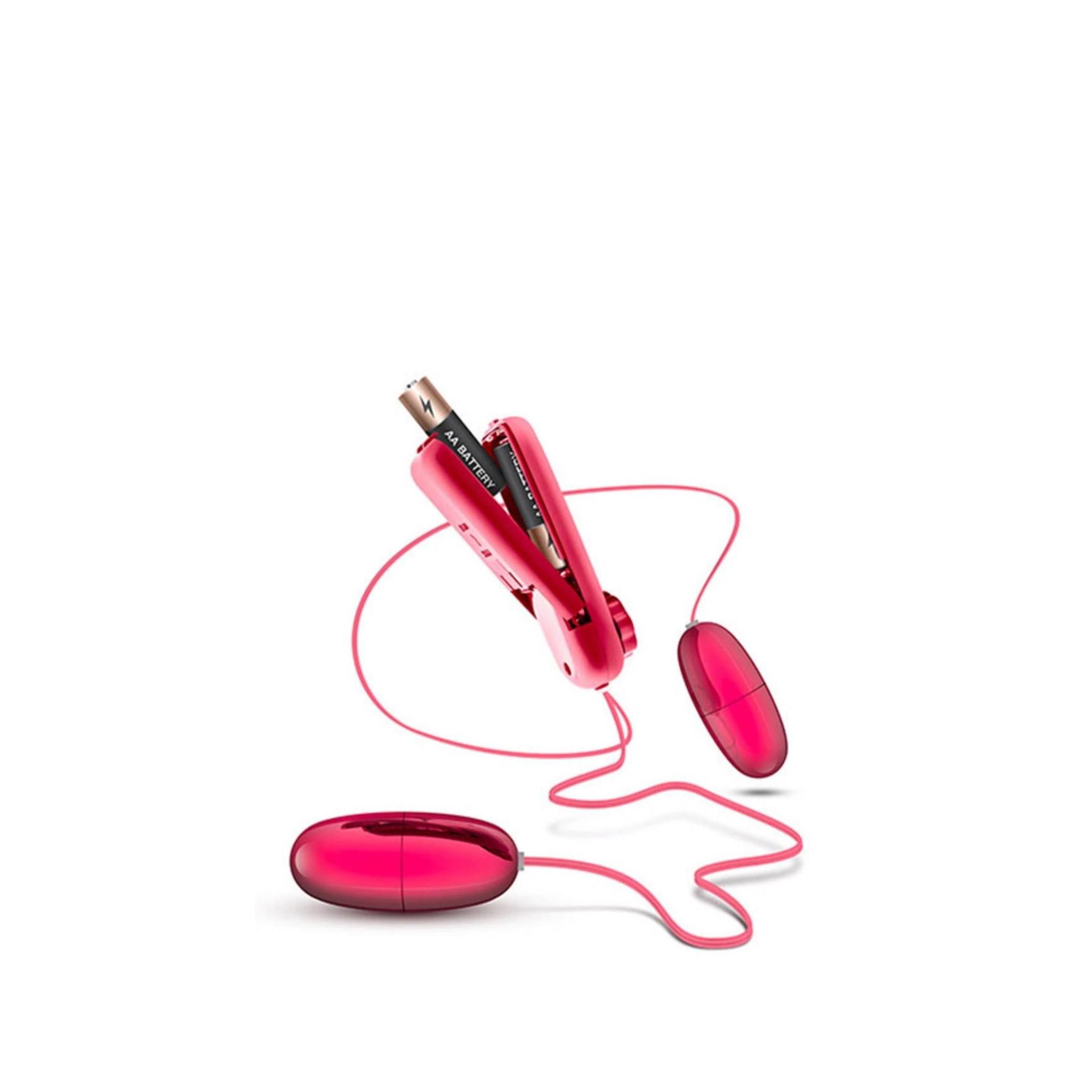 Rotes, ovales Produkt mit zwei abnehmbaren Teilen und einem Steuergerät. Batteriefach geöffnet, Batterien sichtbar.