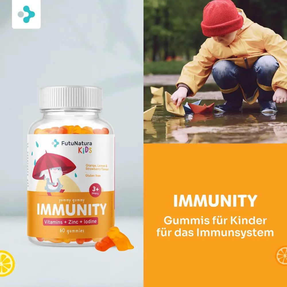 Produktabbildung: Glasflasche mit Gummibärchen. Aufschrift: IMMUNITY, Vitamine + Zink + Jod. Für Kinder. 60 Gummibärchen. Glutenfrei. Kind spielt.