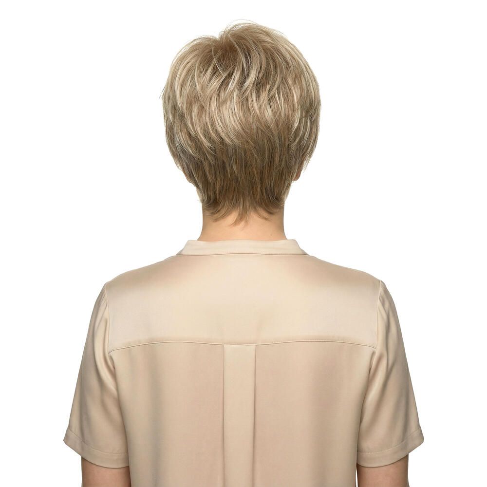 Rückansicht einer blonden Kurzhaarperücke. Haarschnitt mit gestuftem Nacken.
