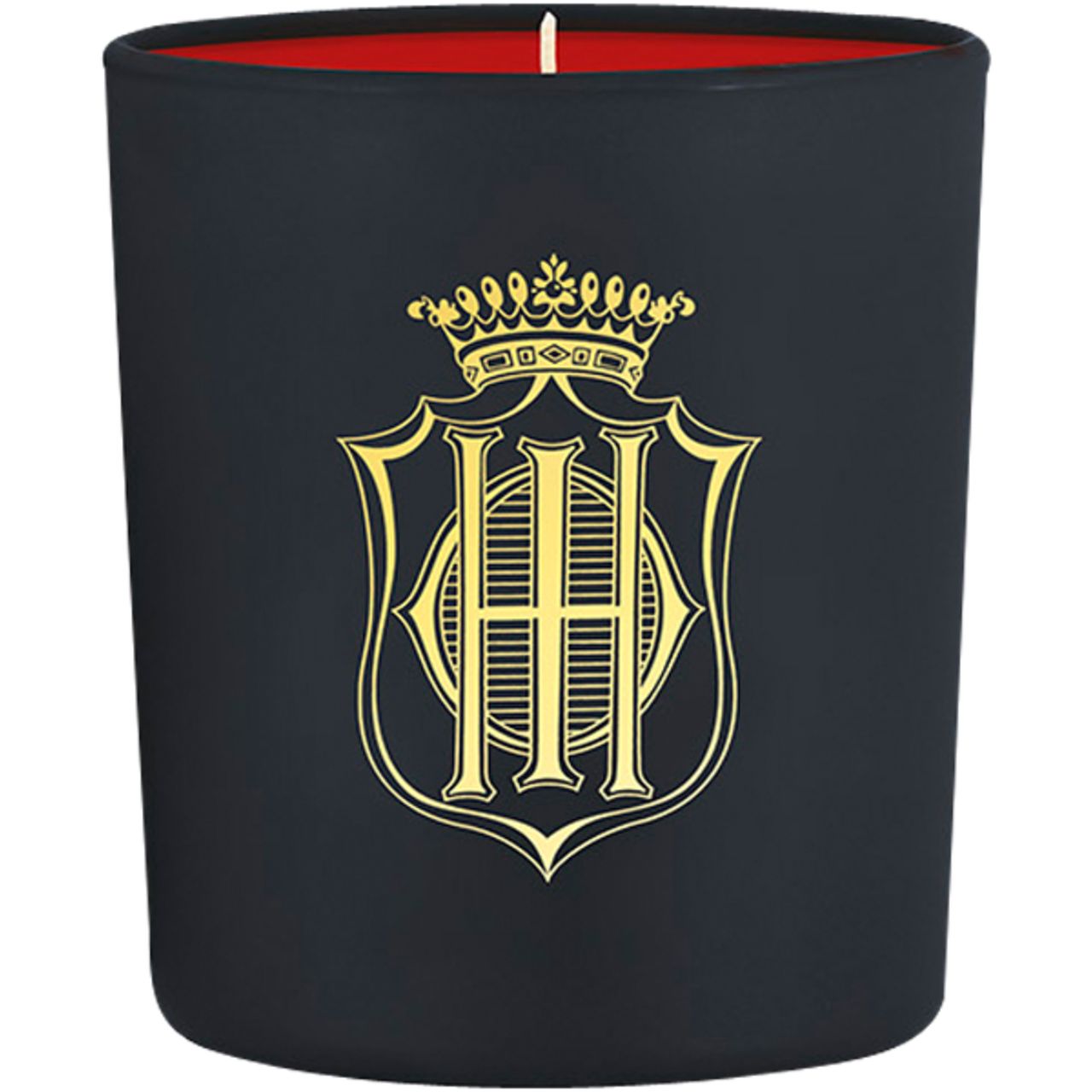 Schwarze Kerze mit goldenem Logo. Roter Innenraum. Kerze mit Wachs und Docht.