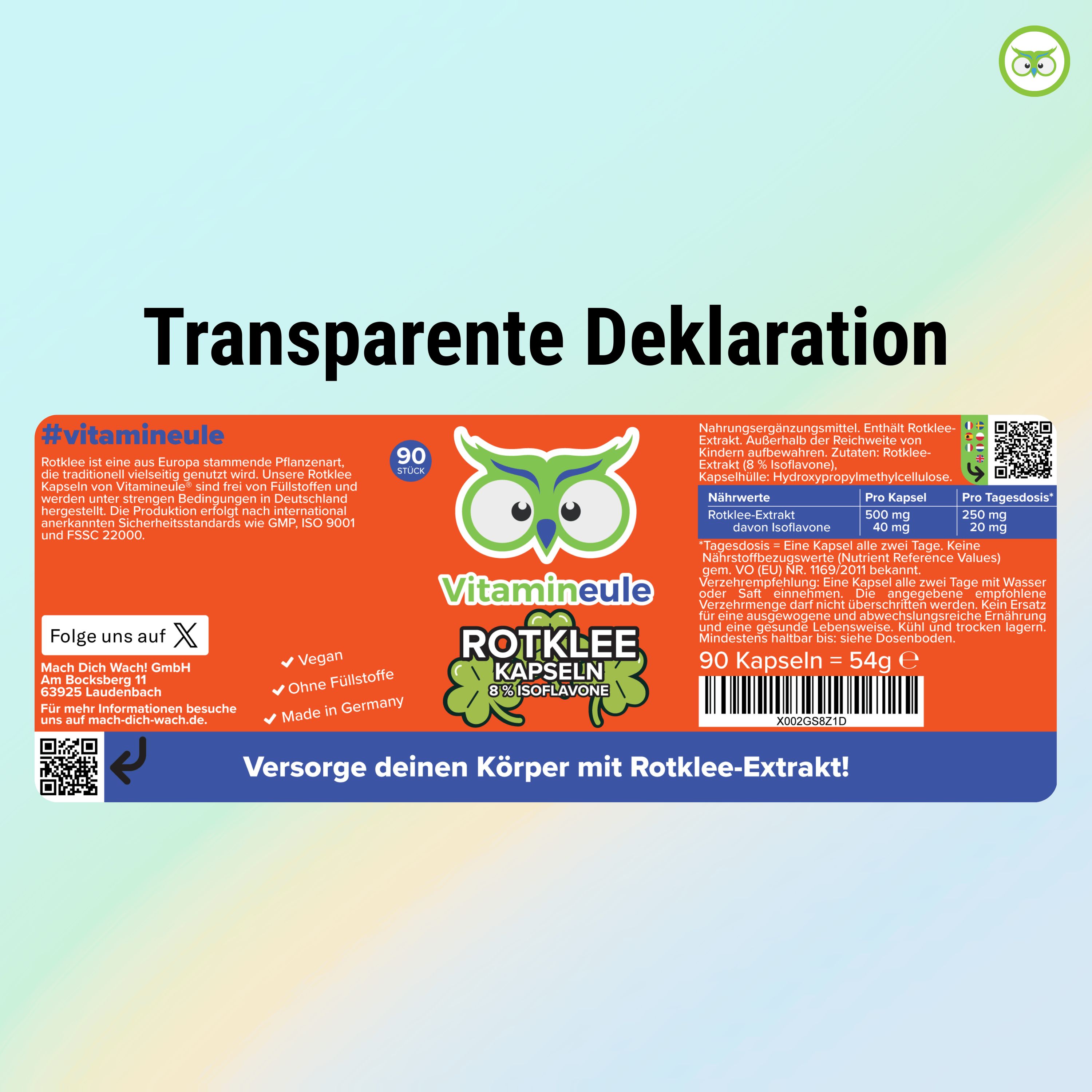 Etikett: Vitamineule Rotklee Kapseln. Enthält 90 Kapseln. Inhaltsstoffe und Nährwertangaben. Text: Versorge deinen Körper mit Rotklee-Extrakt!