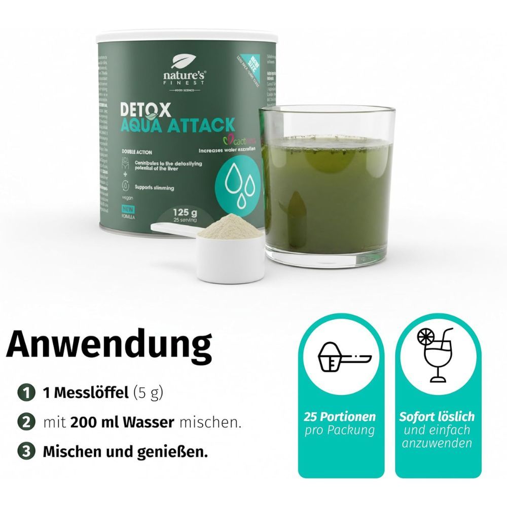 Nature's Finest Detox Aqua Attack Dose, 125 g, mit Zubereitungsanleitung.