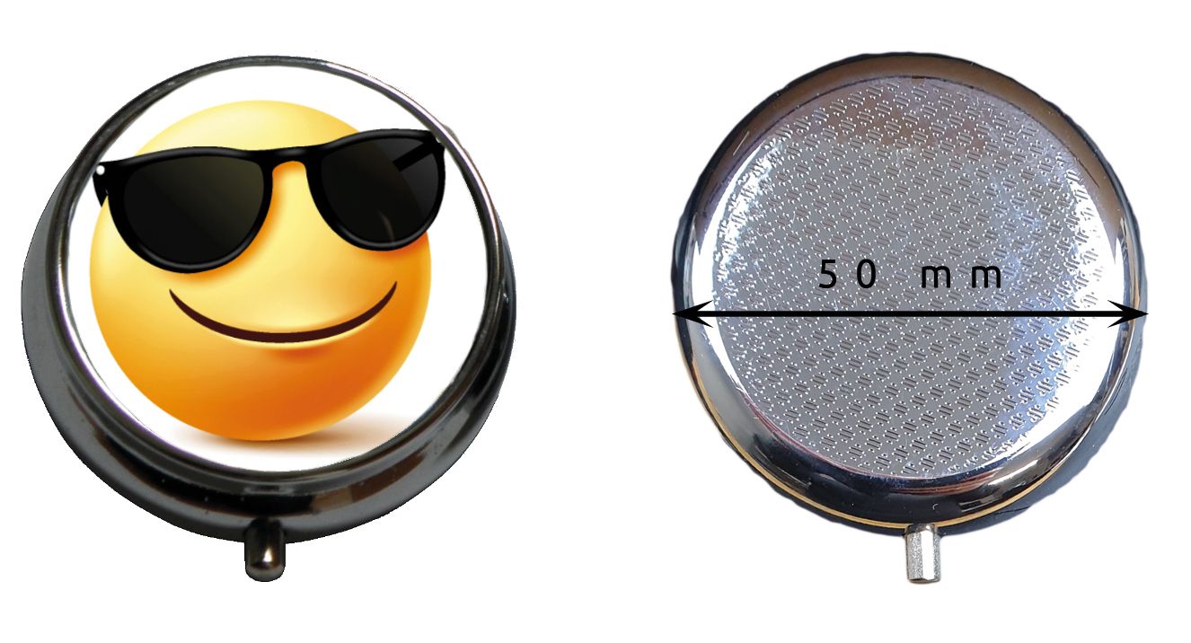 Runde Pillendose mit Smiley-Gesicht und Sonnenbrille. Auf der Rückseite: 50 mm Durchmesser.