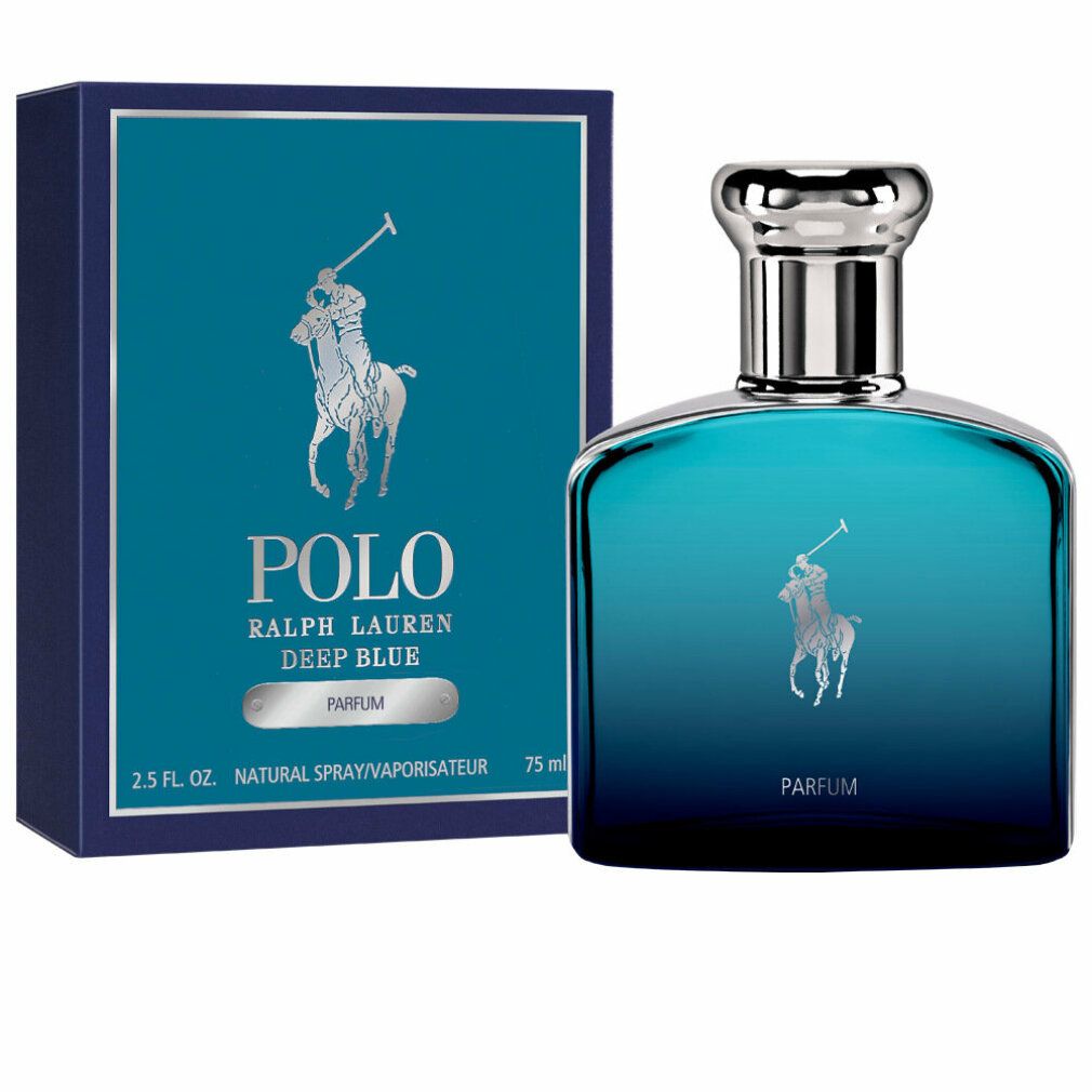 Blaues Parfumflakon und Verpackung. Logo mit Reiter auf Pferd. Schriftzug: Polo Deep Blue Parfum. Volumen: 2.5 FL. OZ. / 75 ml.