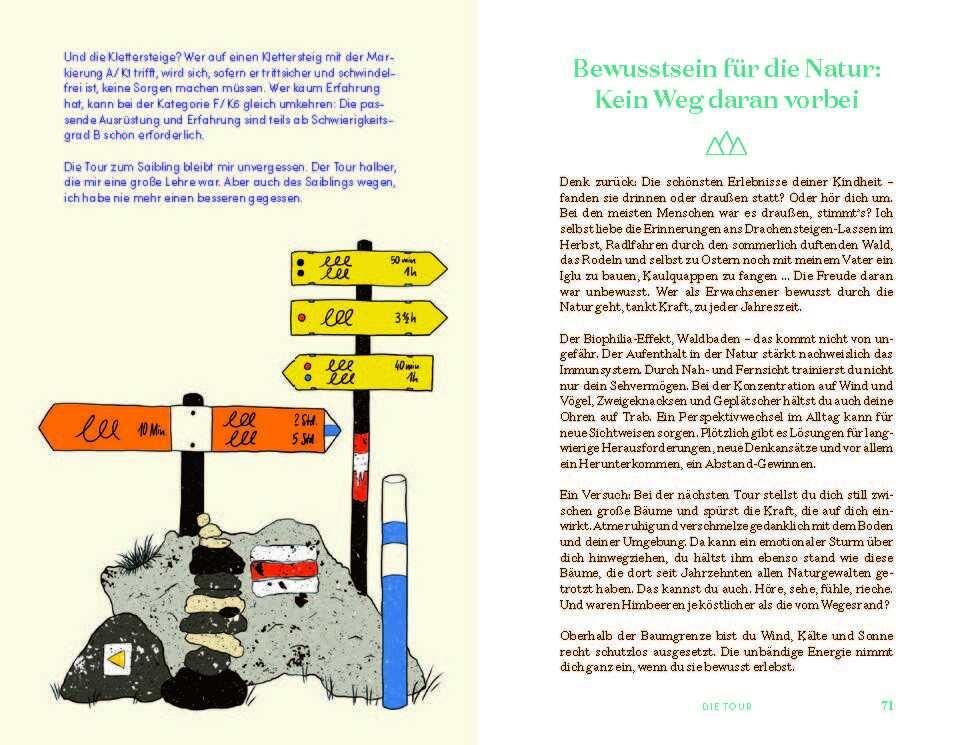 Buchseite mit Illustrationen und Text. Thema: Bewusstsein für die Natur. Text in deutscher Sprache.