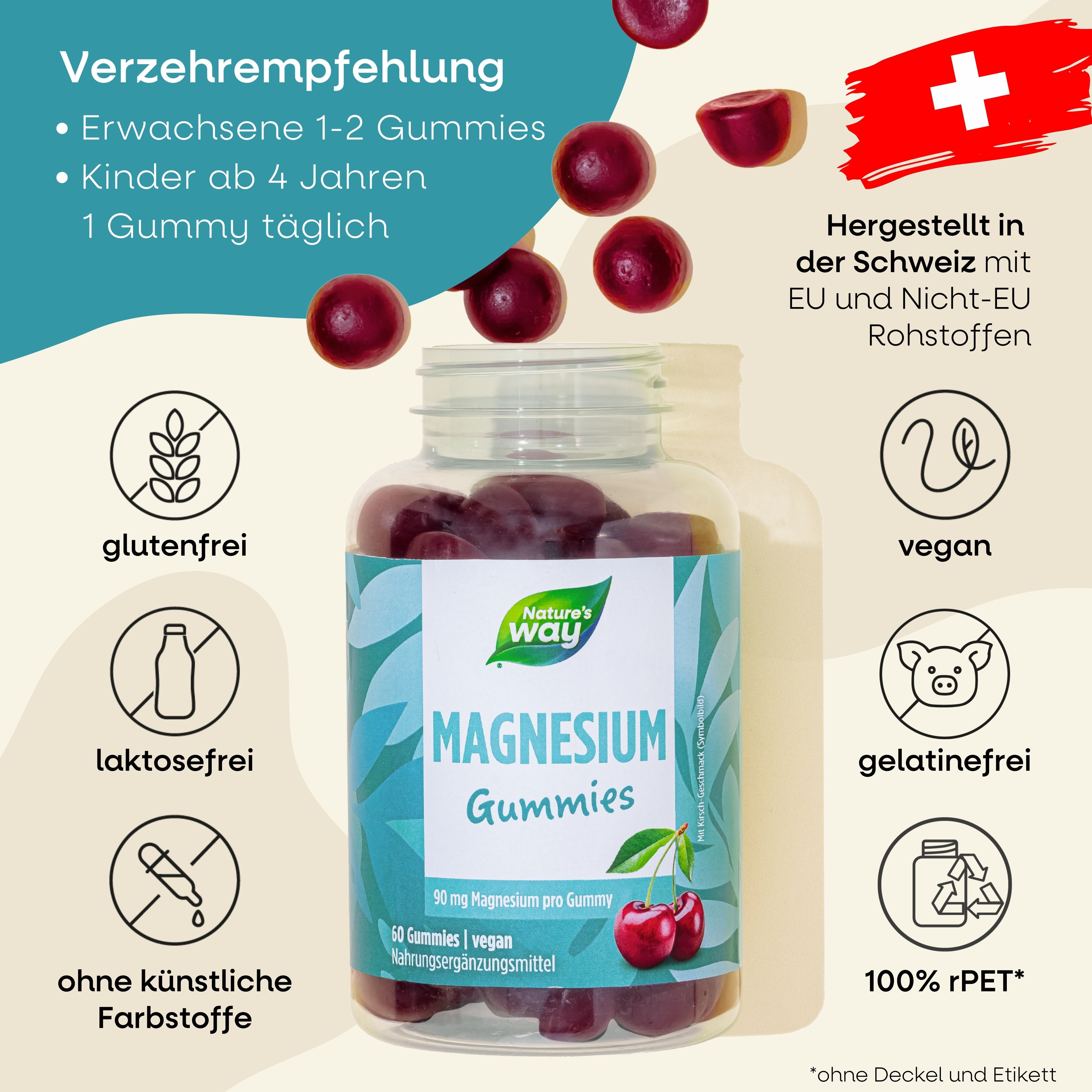 Flasche mit Gummibärchen. Text: "Nature's way", "Magnesium Gummies". Symbole: glutenfrei, laktosefrei, vegan, gelatinefrei. Kirsch-Abbildung.