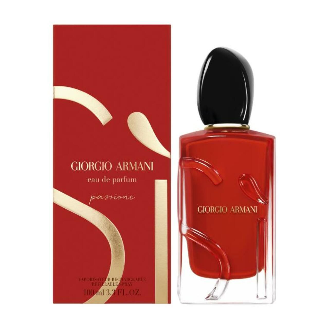 Roter Karton mit Flakon. Giorgio Armani Eau de Parfum Passione. Schwarzer Verschluss. 100ml. Goldene Schrift.