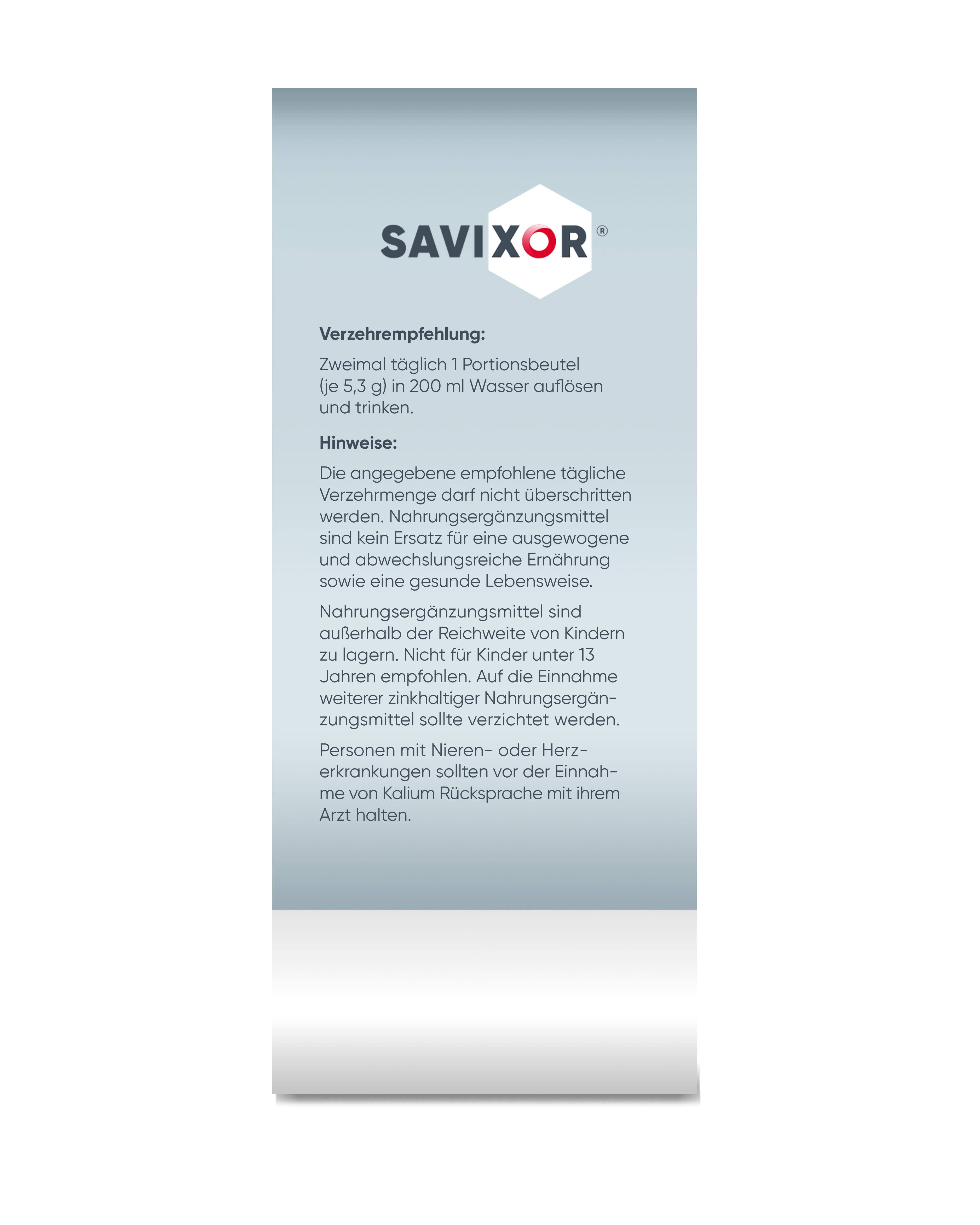 Savixor-Produkt. Rückseite der Verpackung mit Verzehrempfehlung und Warnhinweisen. Text in deutscher Sprache.