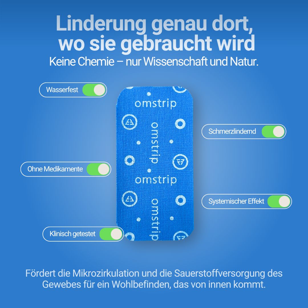 Blaues Omstrip-Pflaster. Text: Wasserfest, ohne Medikamente, klinisch getestet, schmerzlindernd, systemische Wirkung.