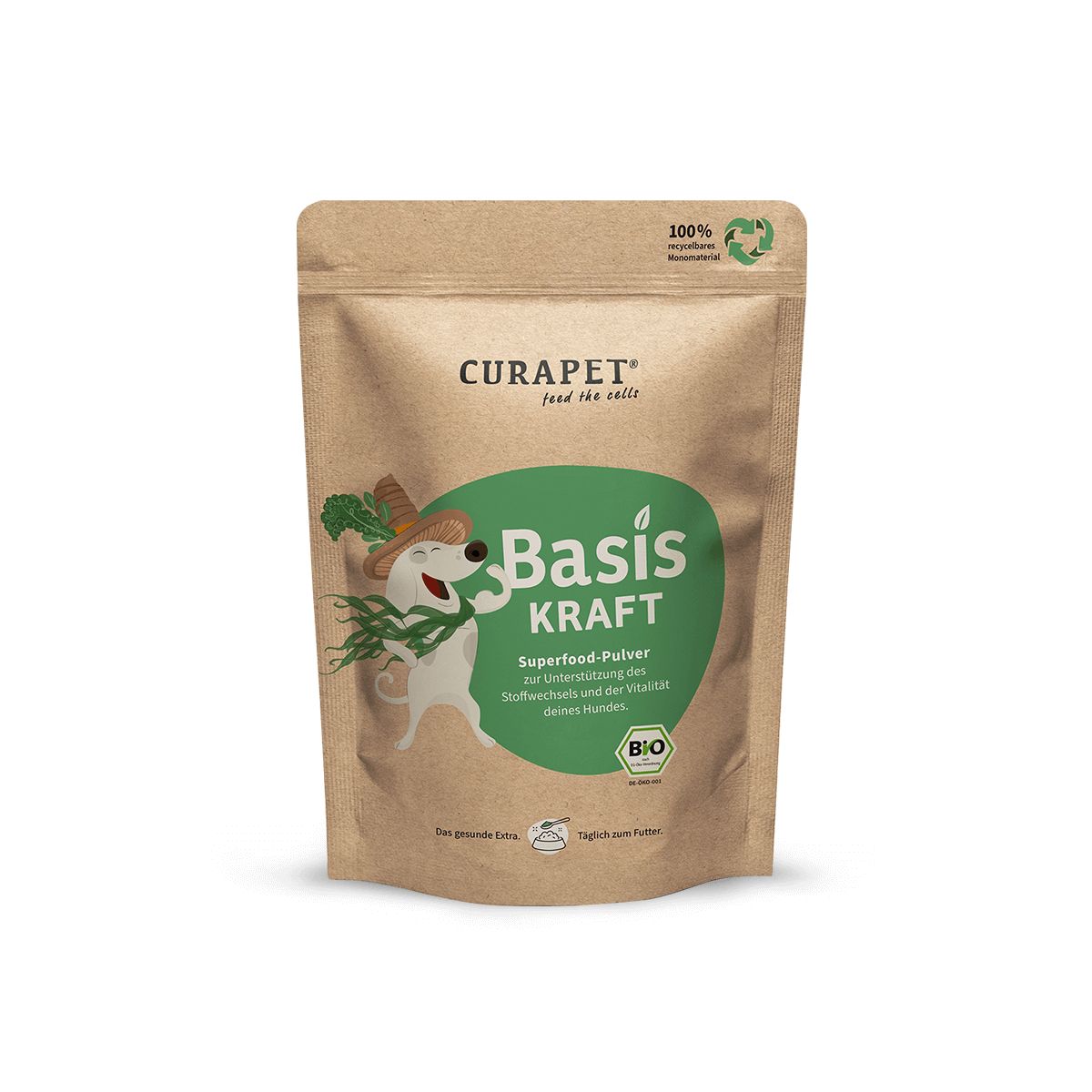 Braune Tüte mit CURAPET-Logo und "Basis Kraft"-Aufdruck. Bio-Siegel. Illustration eines Hundes mit Karotte.