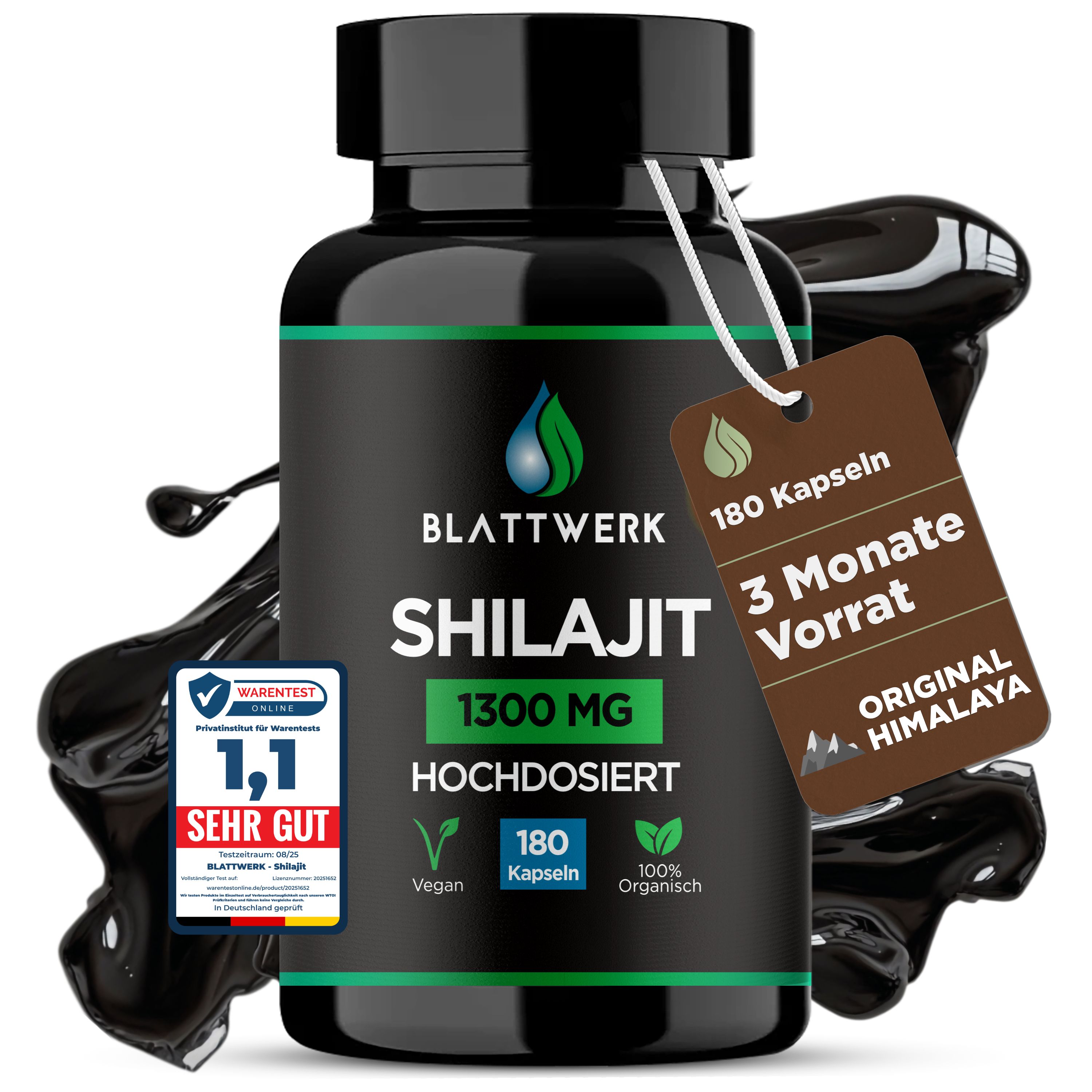 Schwarze Flasche mit Kapseln. Aufschrift: BLATTWERK SHILAJIT 1300 MG. Anhänger mit Text: 180 Kapseln, 3 Monate Vorrat, ORIGINAL HIMALAYA. Siegel: SEHR GUT.