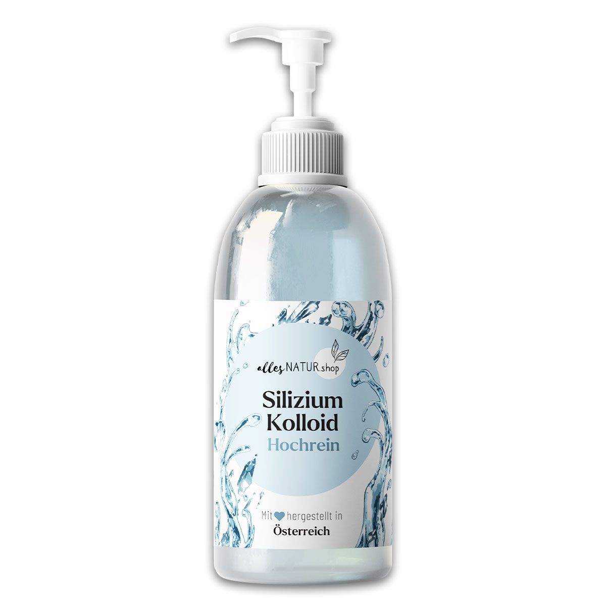 Klare Flasche mit Pumpe, Etikett mit "allesNATUR.shop Silizium Kolloid hochrein". Hergestellt in Österreich.