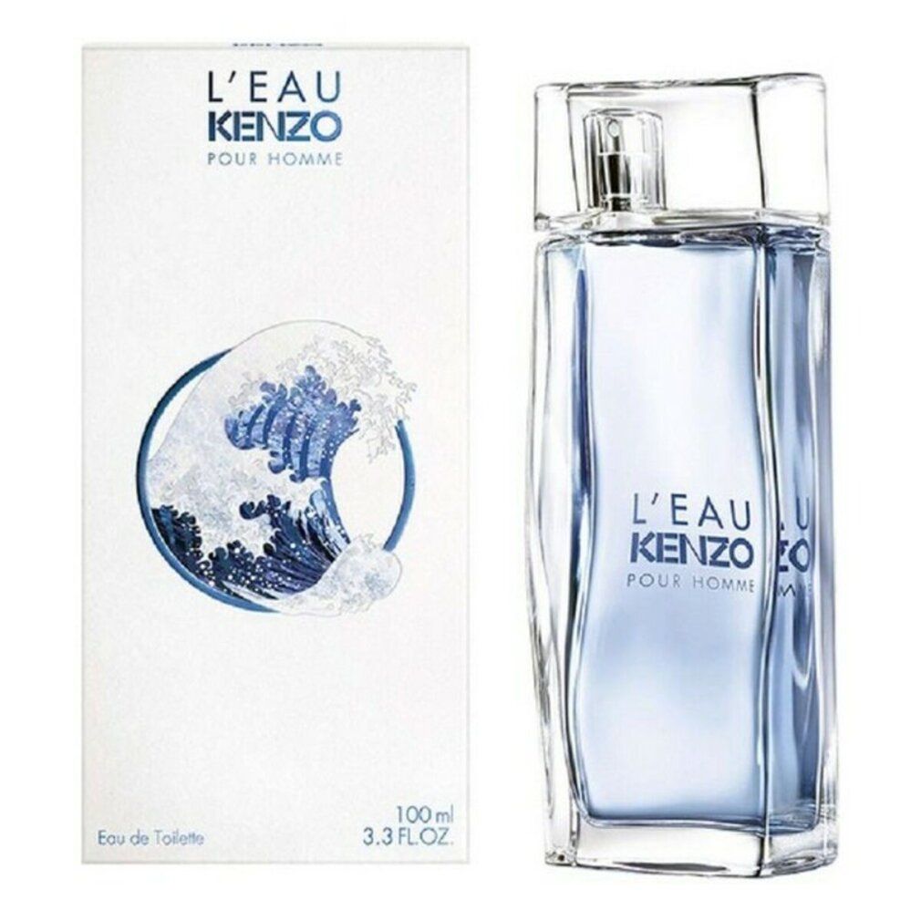 Kenzo L'Eau Kenzo Homme Eau de Toilette. Flakon und Verpackung. Flakon rechteckig, transparent. Verpackung weiß mit Wellenmotiv.