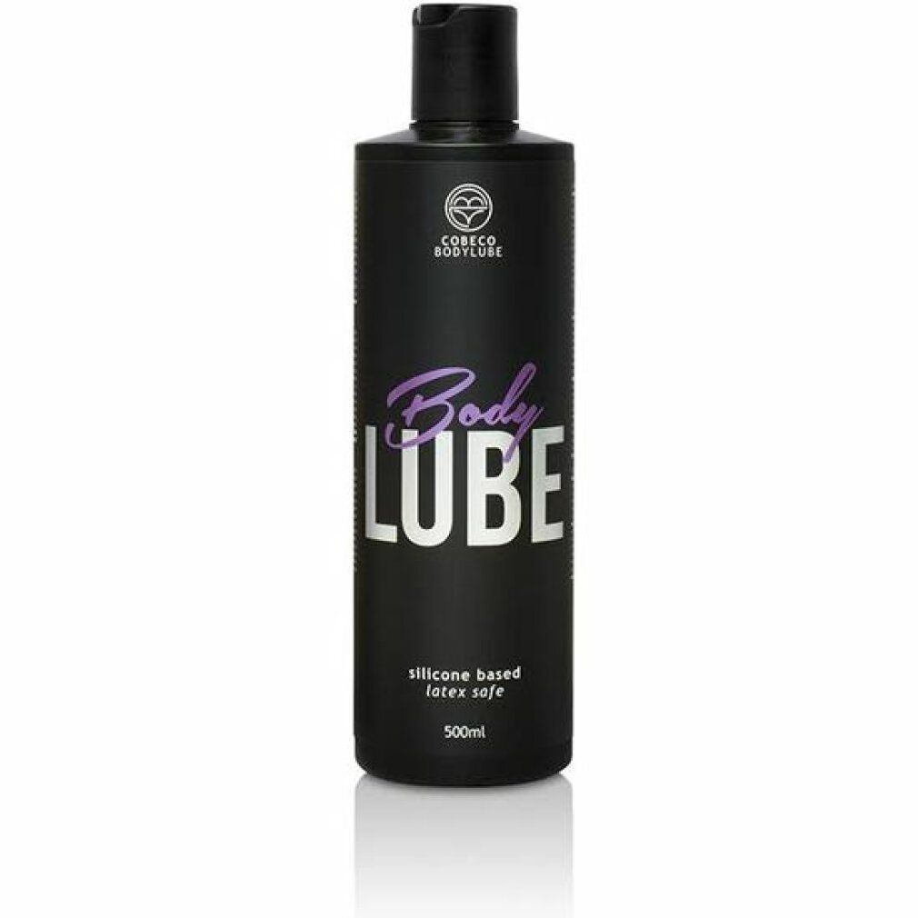 Schwarze Flasche mit "Body Lube"-Aufschrift. Text: "silicone based latex safe". Logo und Schriftzug "Cobeco Bodylube".