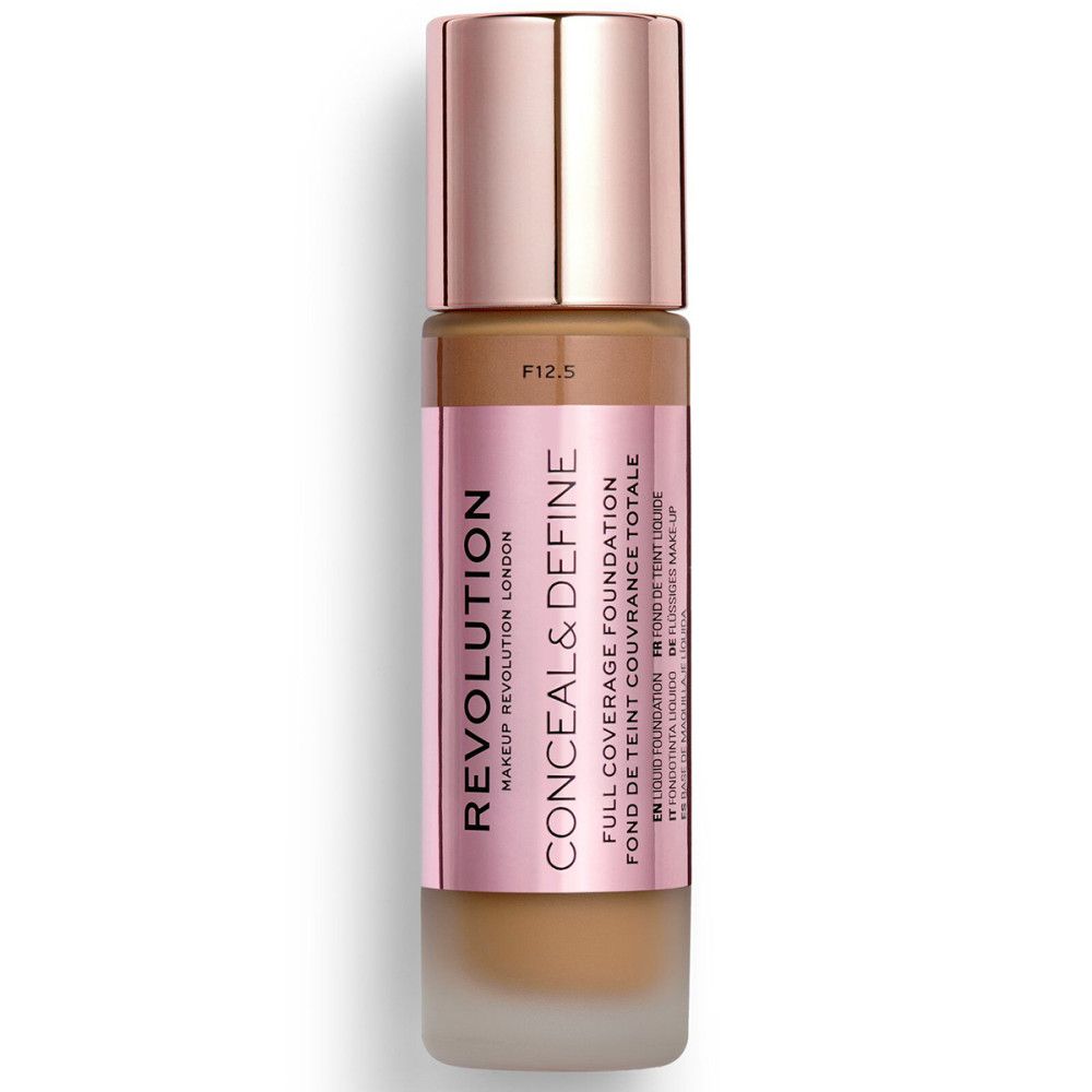 Foundation-Fläschchen. Rosa Etikett mit "REVOLUTION" und "CONCEAL & DEFINE". Farbton F12.5. Deckkraft: Total.