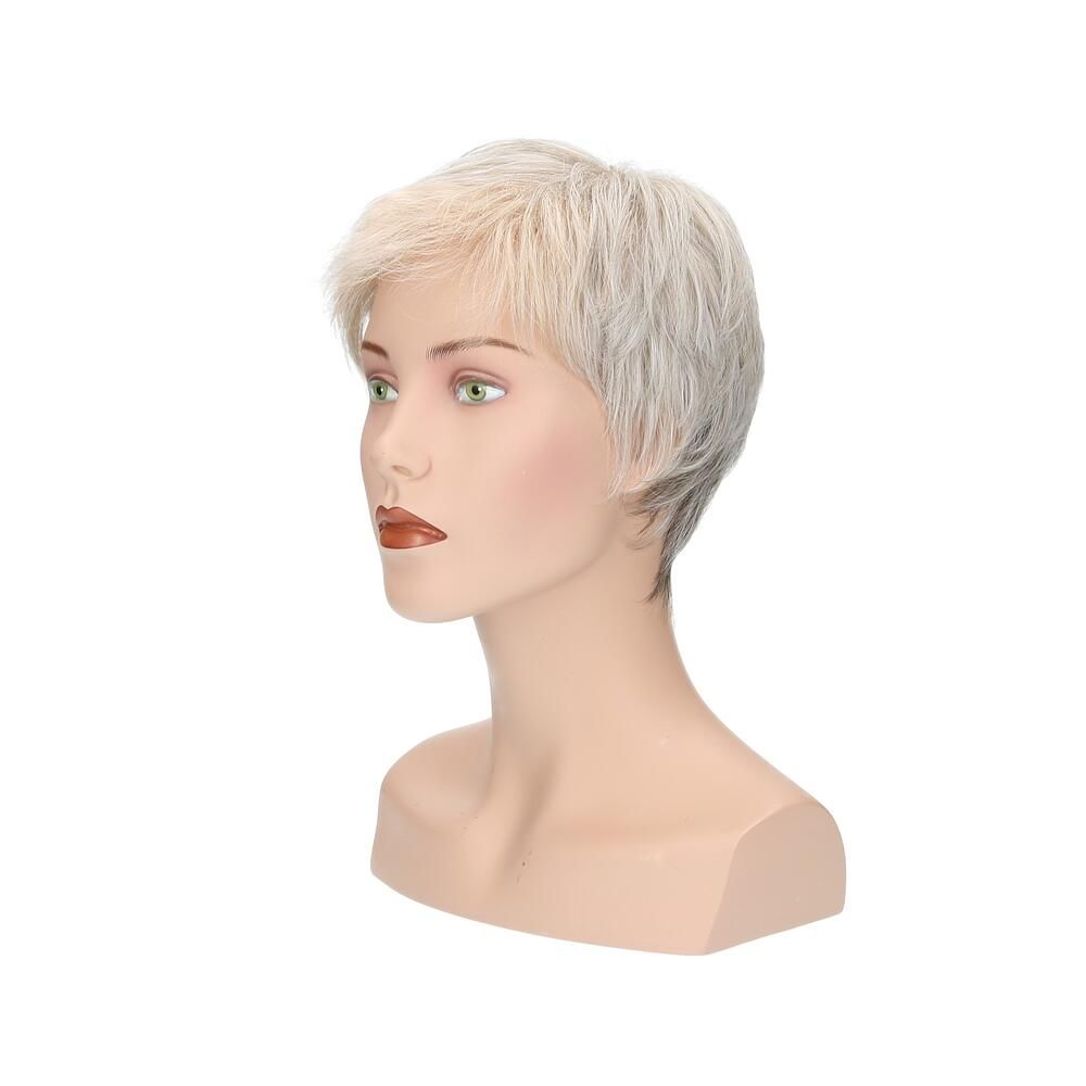 Perücke Margerite von Lofty auf einem Schaufensterkopf. Kurze, graue Haare. Seitenansicht.