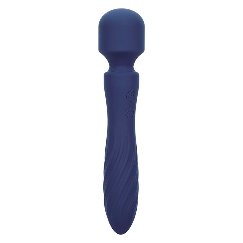 Blauer Vibrationsmassager mit gewelltem Griff und rundem Kopf. Zwei Knöpfe.