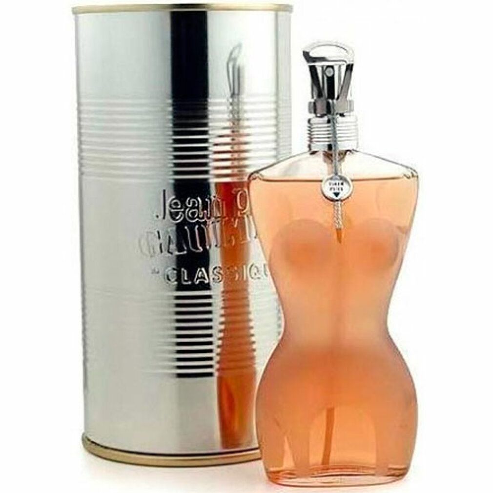 Parfümflakon und Dose. Flakon in Frauenkörperform. Dose mit Aufdruck: Jean Paul Gaultier Classique.