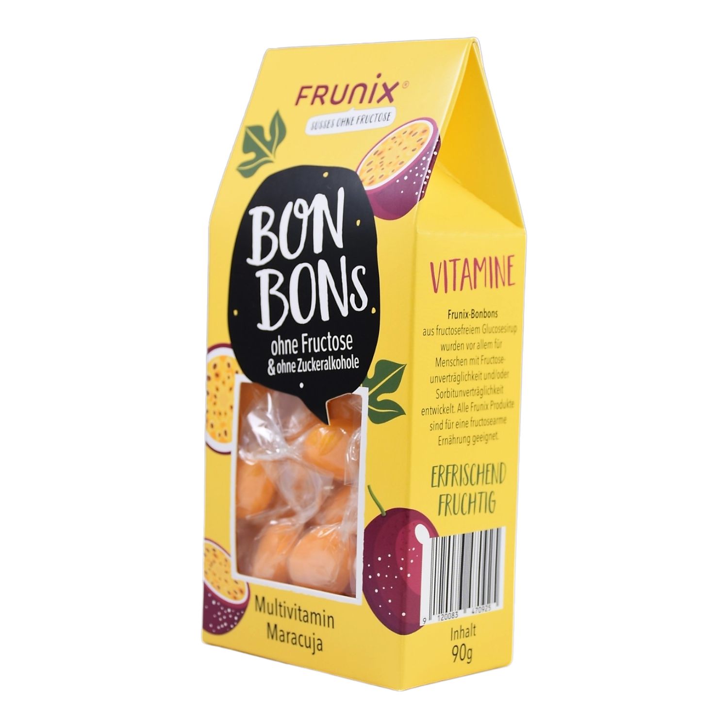 Gelbe Verpackung mit Bonbons, Maracuja-Geschmack. Aufschrift: Bon Bons, ohne Fructose, Multivitamin. Enthält 90g.
