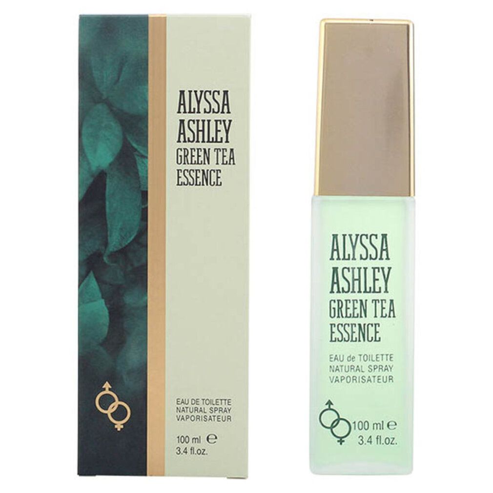 Alyssa Ashley Green Tea Essence Eau de Toilette Spray. Flakon und Verpackung. Grünliche Flüssigkeit, goldfarbener Deckel, grüne Blätter.