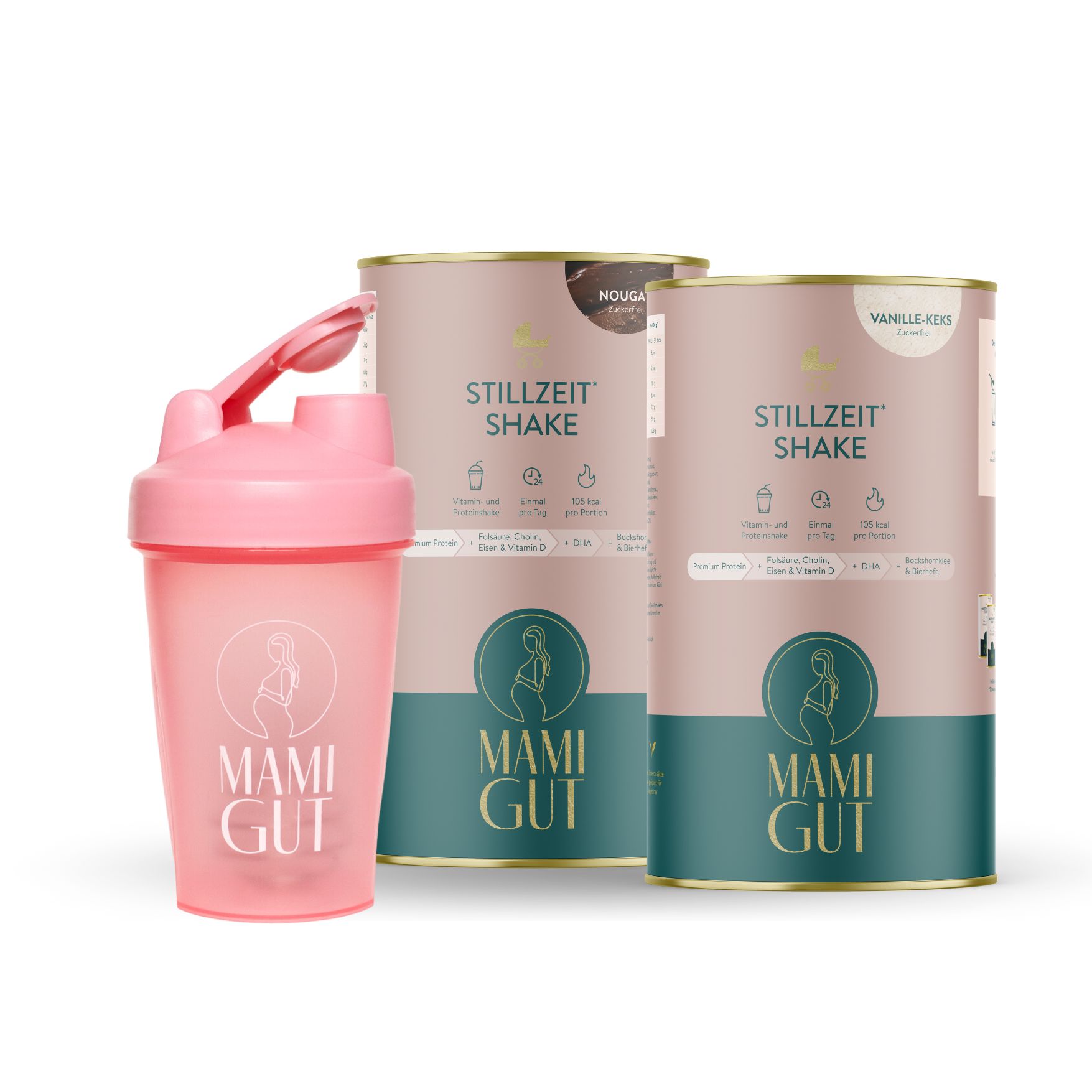 Rosa Shaker und zwei Dosen "Stillzeit Shake". "Mami Gut" Logo. Vanille-Keks und Nougat.