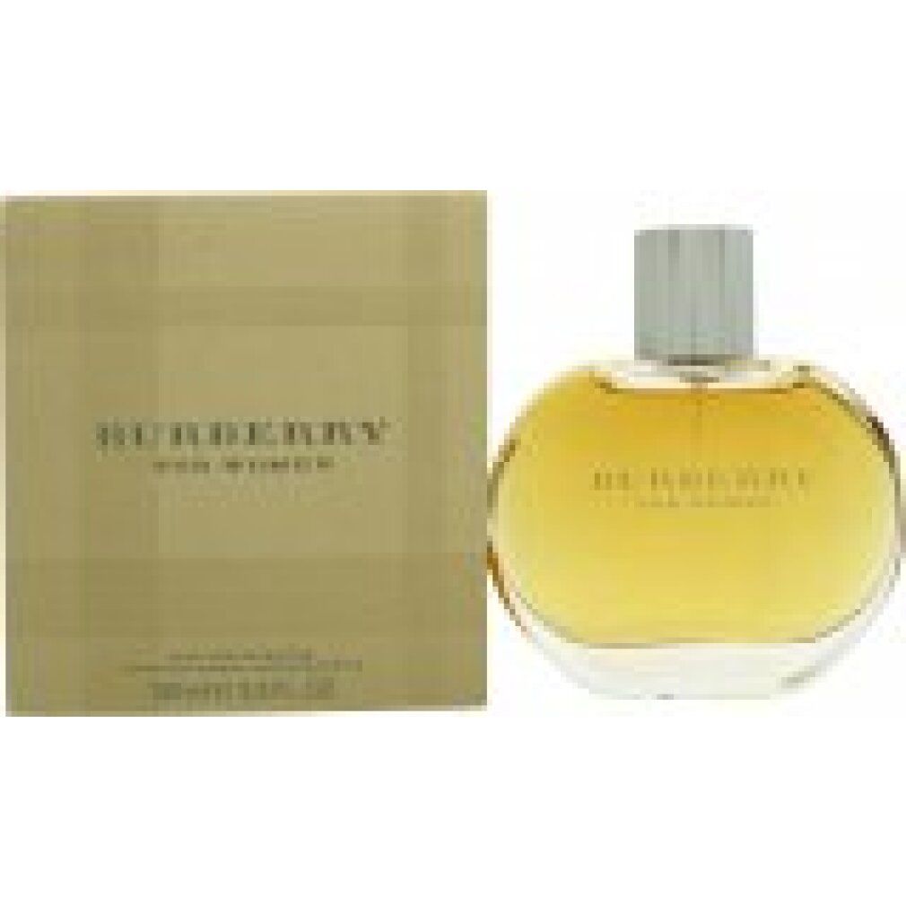 Runder Flakon mit silbernem Verschluss und Karton. Aufschrift: Burberry for Women. Gelbe Flüssigkeit sichtbar.