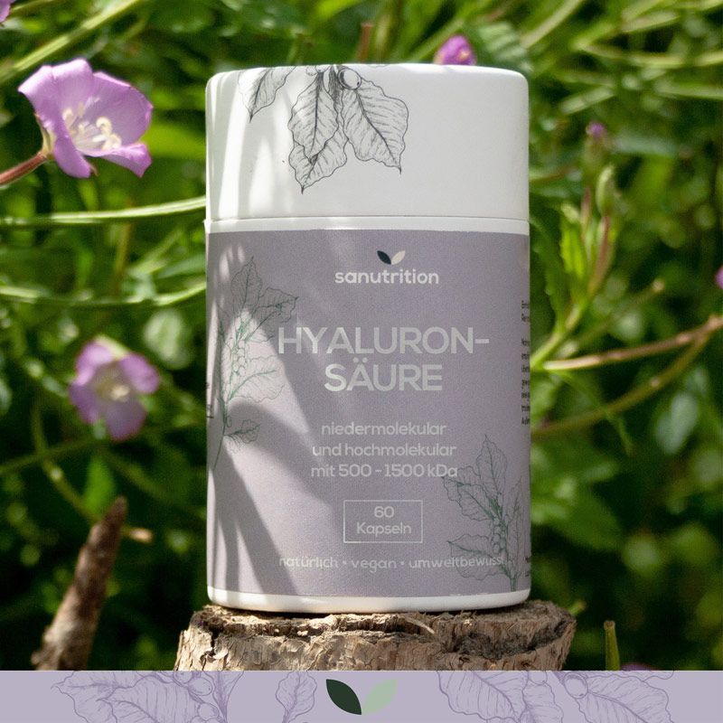Zylinderförmige Dose mit lila Etikett. Aufschrift: Hyaluronsäure, 60 Kapseln. Vegan, umweltbewusst. Auf Holzstamm.