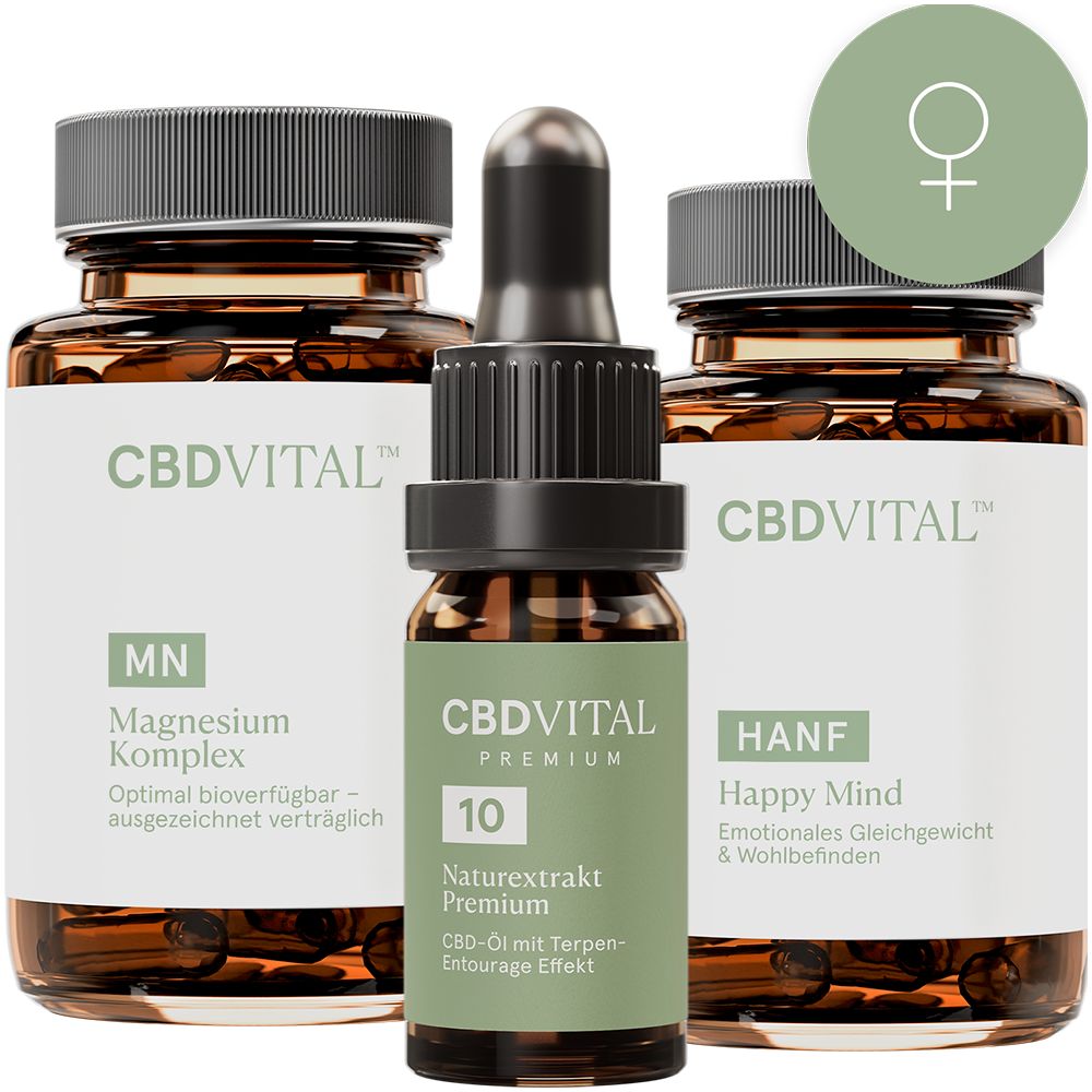 Drei Produkte: zwei Flaschen und eine Tropfflasche. Aufschrift: CBDVITAL, MN, HANF, 10 Naturextrakt Premium.