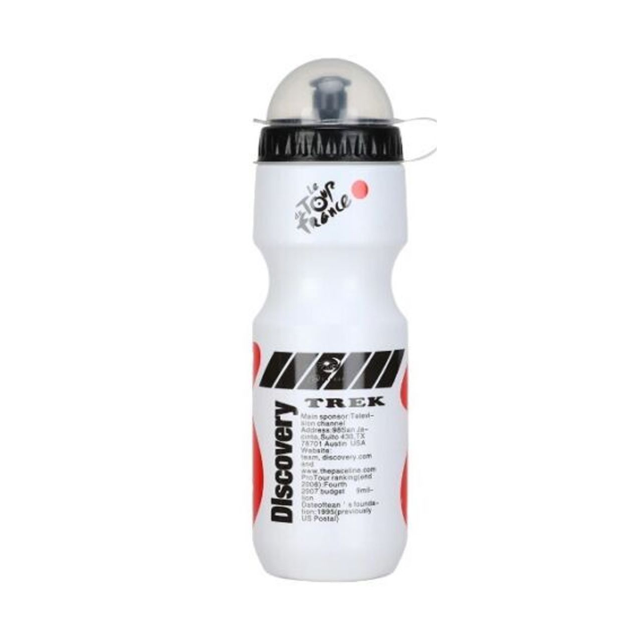 Weiße Trinkflasche mit schwarzem Deckel und Aufdruck. Logo "Le Tour de France" und "Trek Discovery".