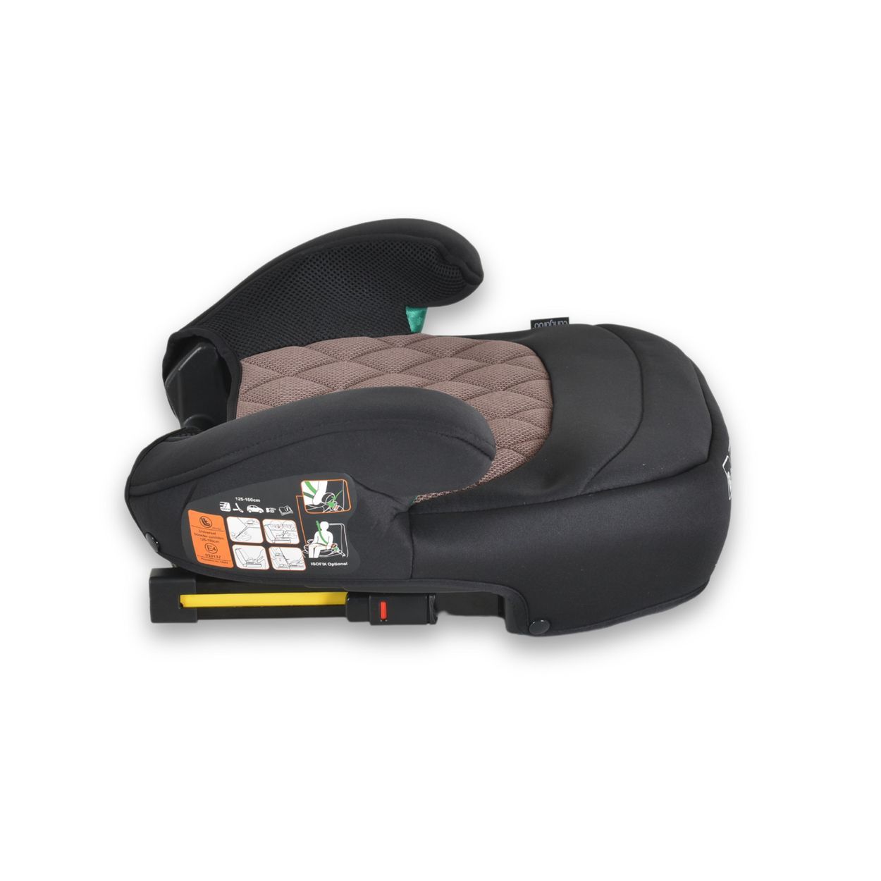Kindersitz-Booster mit Getränkehalter, i-Size- und ISOFIX-Logos, Seitenansicht.
