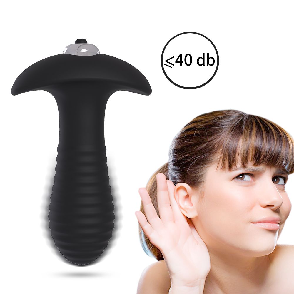 Schwarzer Analvibrator mit geriffelter Oberfläche. Text: ≤40 db. Frau hört zu.