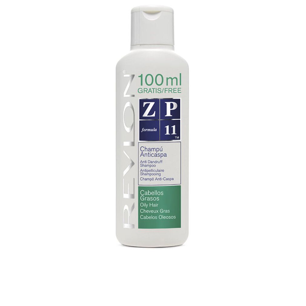 Weiße Shampoo-Flasche mit grün-weißem Etikett. Text: Revlon, ZP 11, Champú Anticaspa, Cabellos Grasos. Gratis/Free.