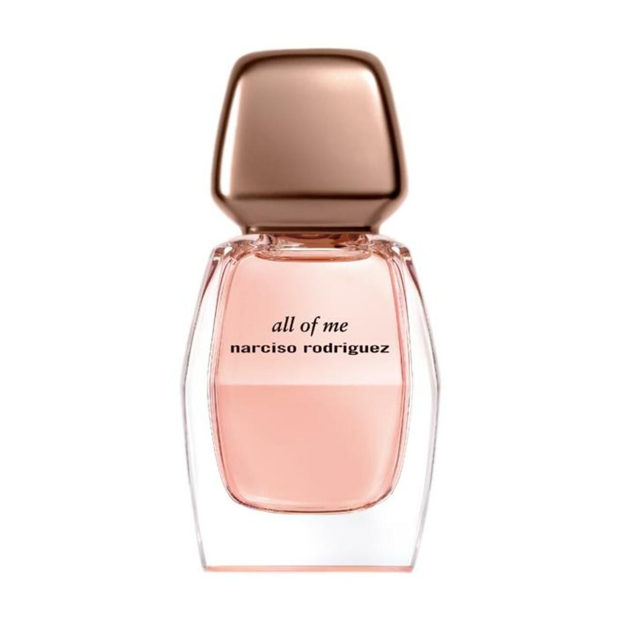 Glasflakon mit rosafarbenem Inhalt. Aufschrift: all of me, Narciso Rodriguez. Brauner Verschluss.