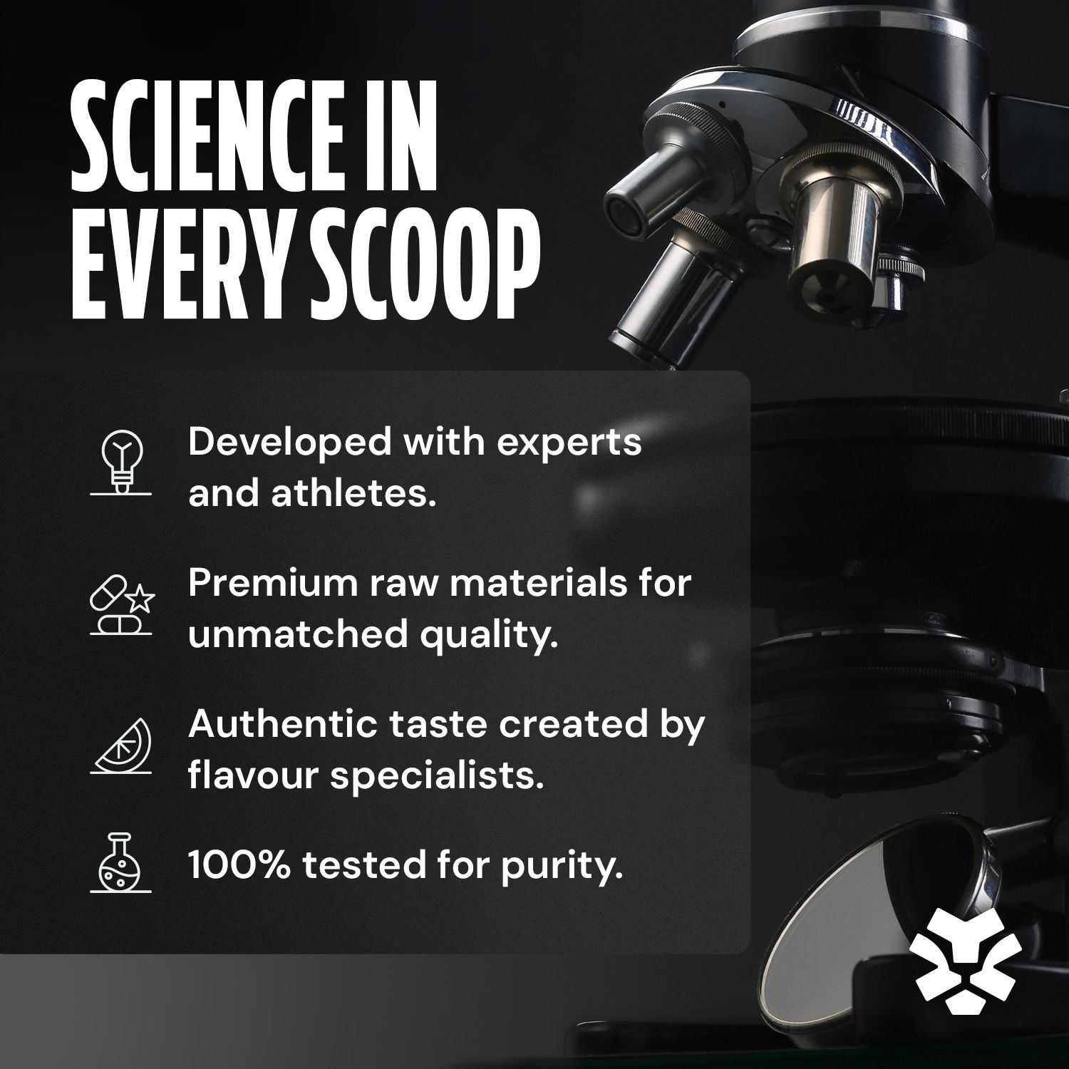 Mikroskop und Text über die Entwicklung von PolleoSport 1st Whey mit Experten und Athleten.