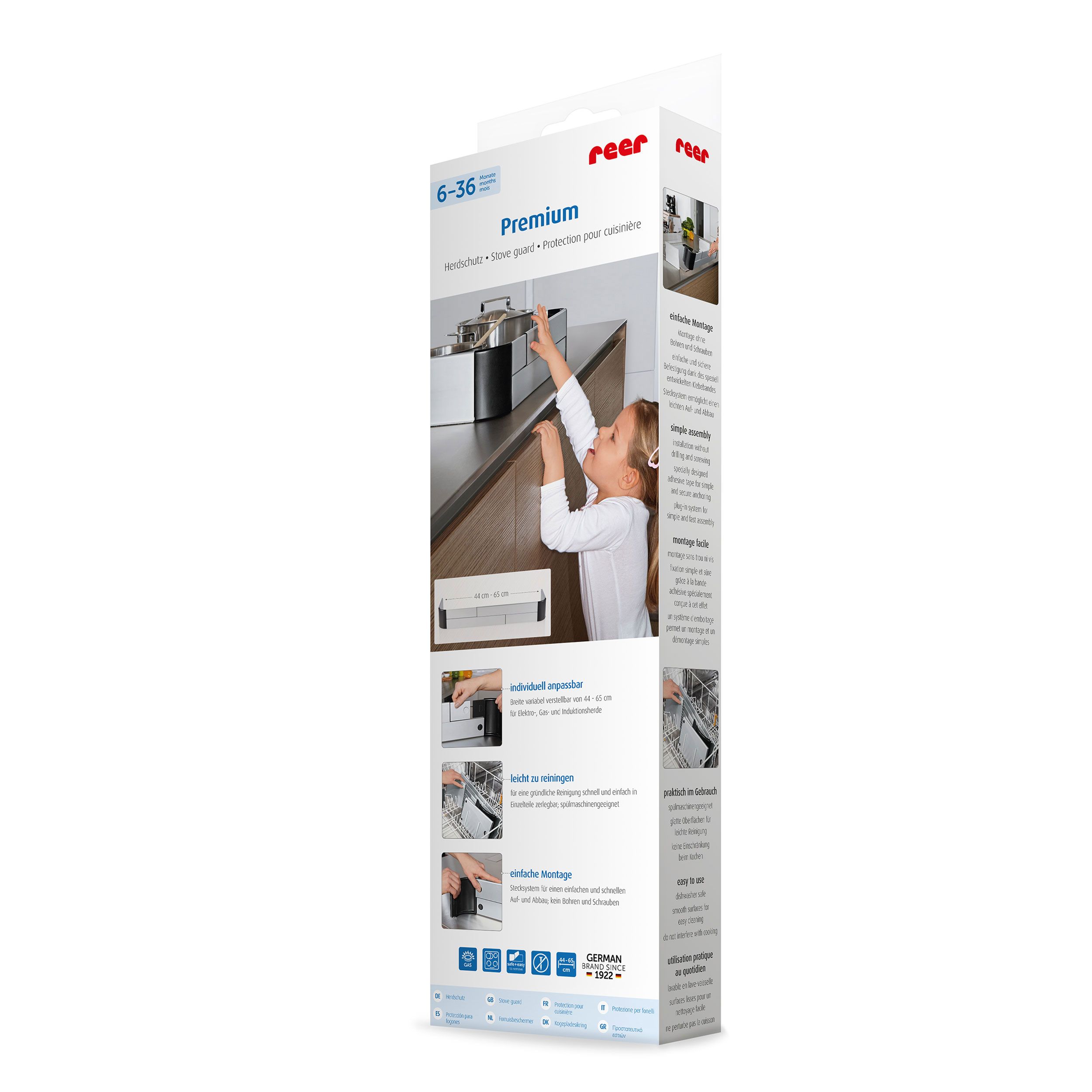Produktverpackung, Herd-Schutz, weiß-schwarz. Kind greift nach Kochtopf. Produktinformationen und Logo.