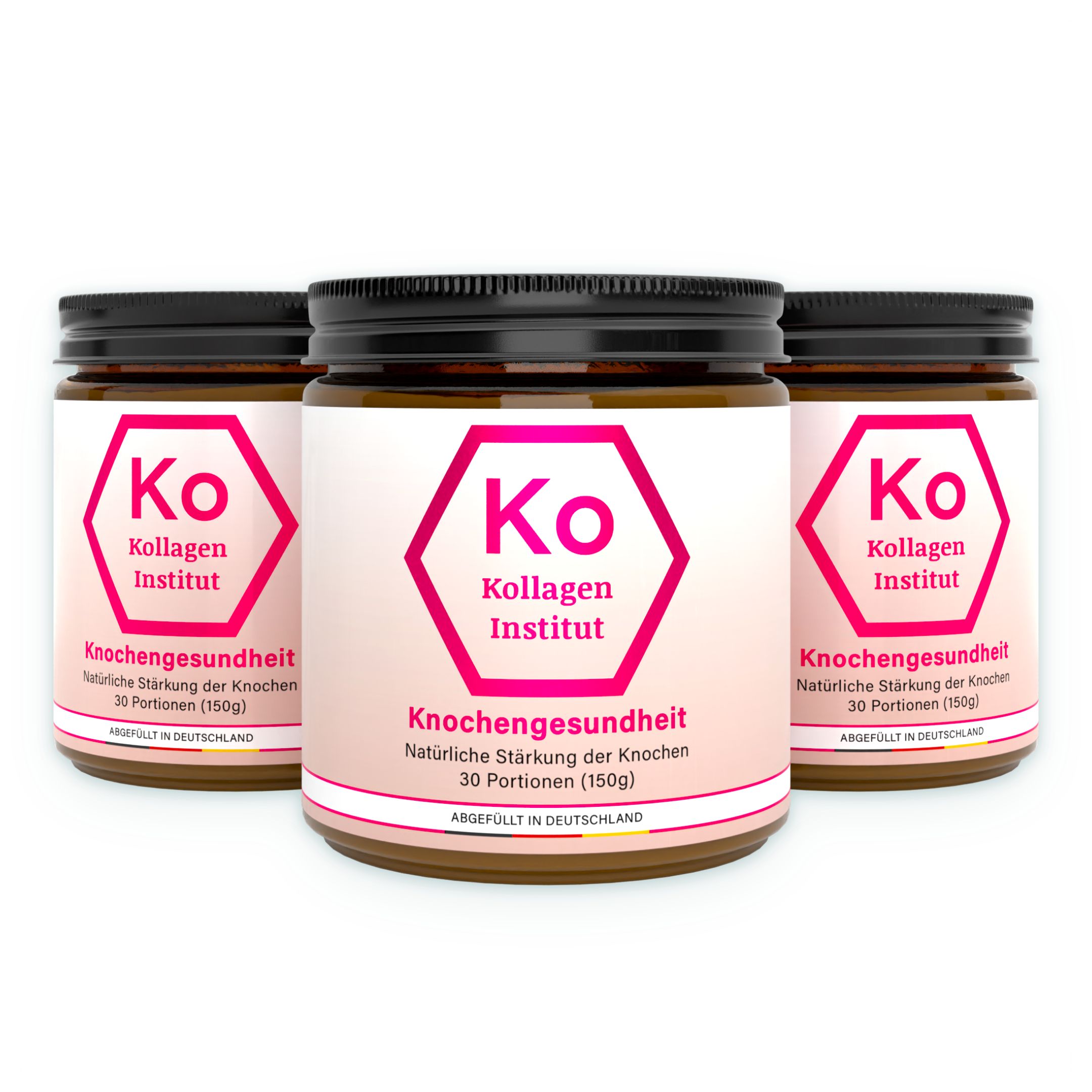 Drei Gläser Kollagen Pulver mit rosa sechseckigem Logo und Text 'Kollagen Institut'.