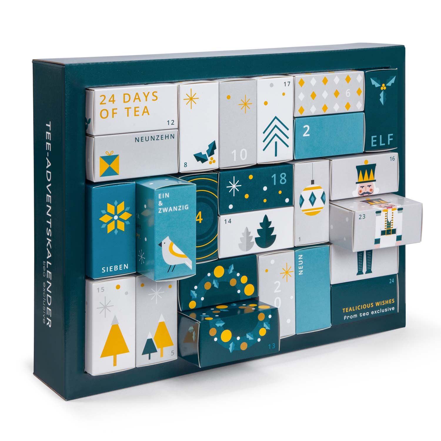 Adventskalender mit 24 Tee-Pyramidenbeuteln. Aufdruck: TEE-ADVENTSKALENDER, 24 DAYS OF TEA, TEALICIOUS WISHES.