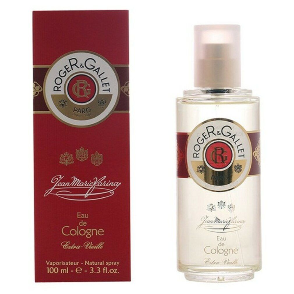 Flakon und rote Verpackung. ROGER & GALLET Logo und Schriftzug. Text: Eau de Cologne, 100 ml.
